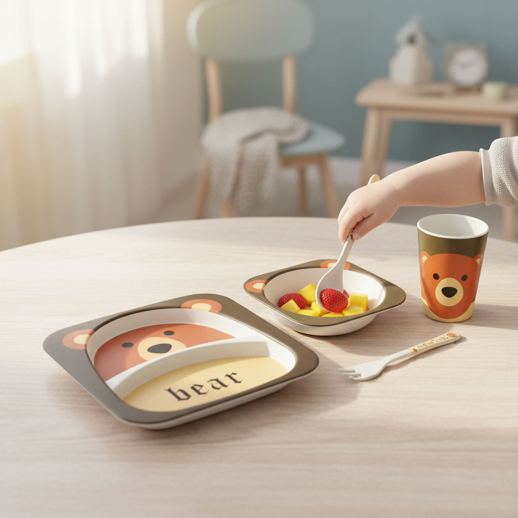 Sendez Kindergeschirr-Set 5-tlt. mit Bärenmotiv: Teller, Schale, Becher & Besteck bruchsicher (5-tlg), 1 Personen