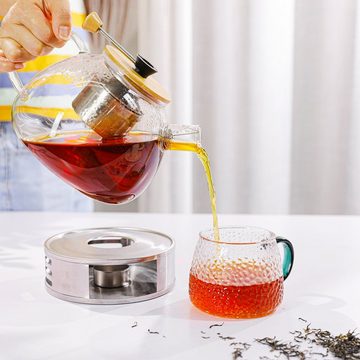 SAWAKE Teekanne, 1,6 l, aus Glas Edelstahl mit Stövchen aufhängbarer Filter Bambusdeckel