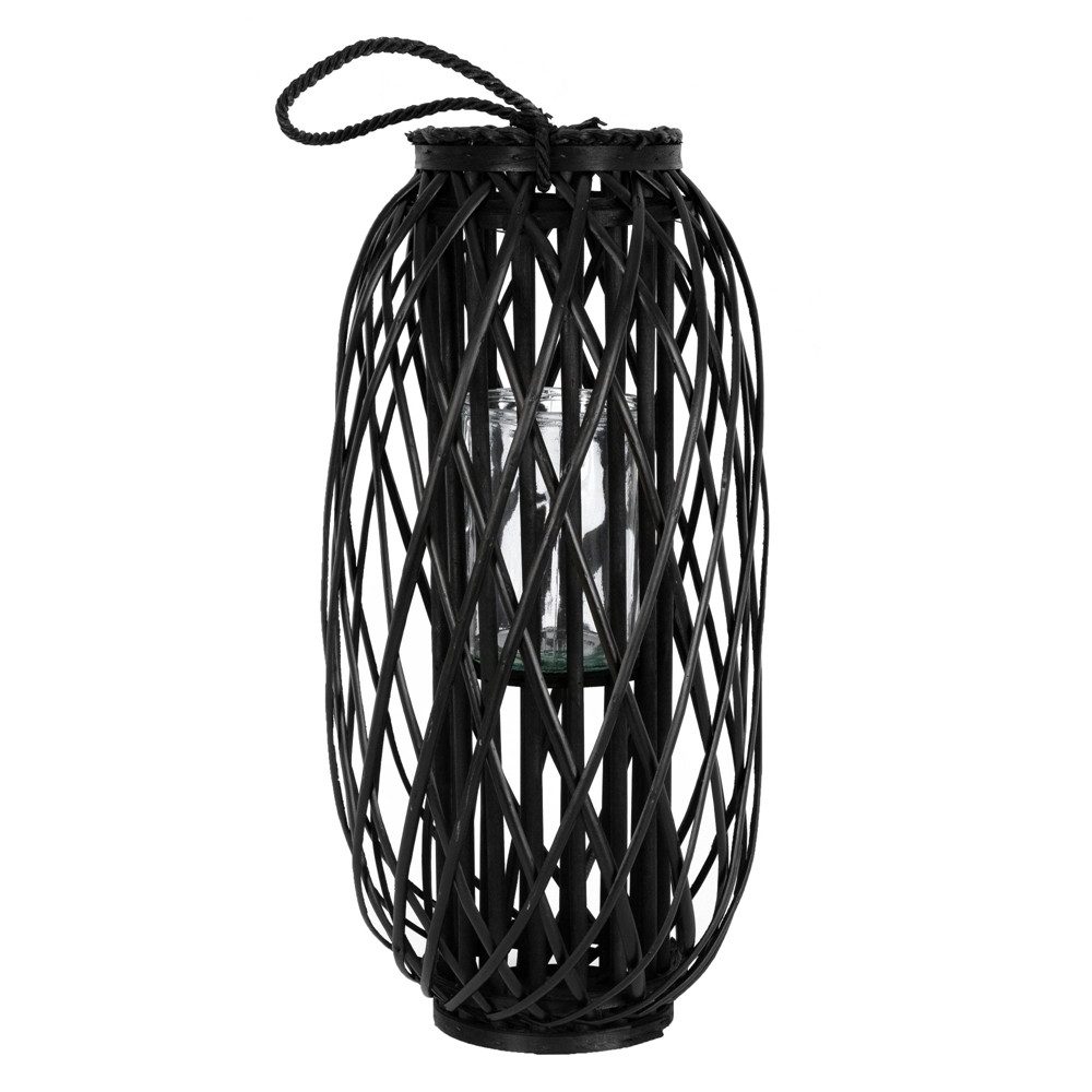 ECD Germany Kerzenlaterne Laterne Ried mit Henkel Rattan Windlicht mit Glaseinsatz Kerzenständer, 60xØ27 cm Korbgeflecht Handgeflochtene Gartenlaterne Kerzenhalter