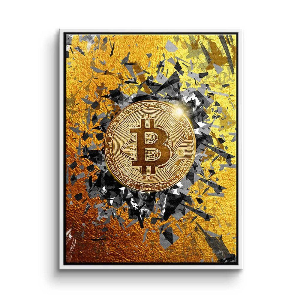 Premium - Leinwandbild DOTCOMCANVAS® - Crypto Explosion silberner Explosion, - Leinwandbild Bitcoin - Rahmen Bitcoin Motivat Trading