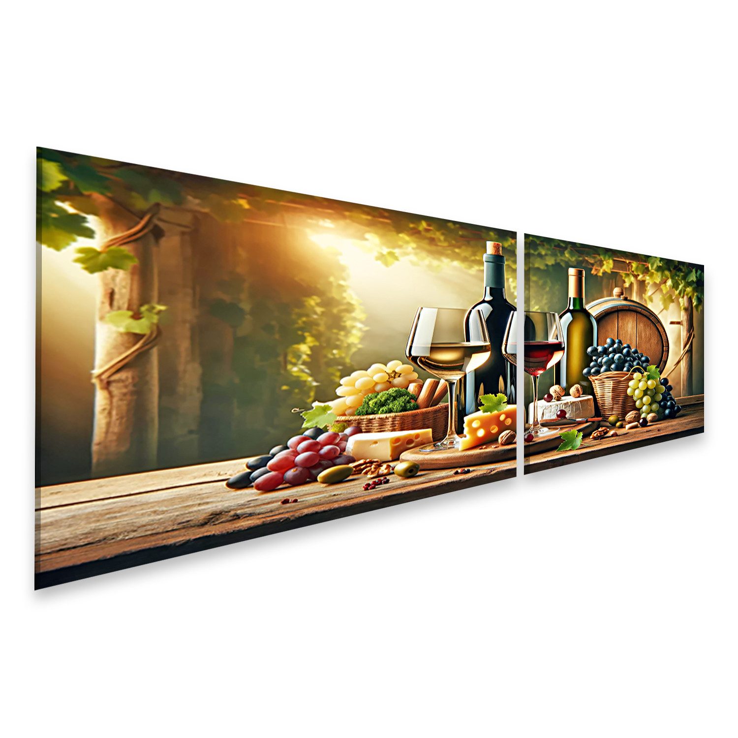 Leinwandbild für die Küche Weinverkostung Gläser und Flaschen, Holzfass, Käse und T