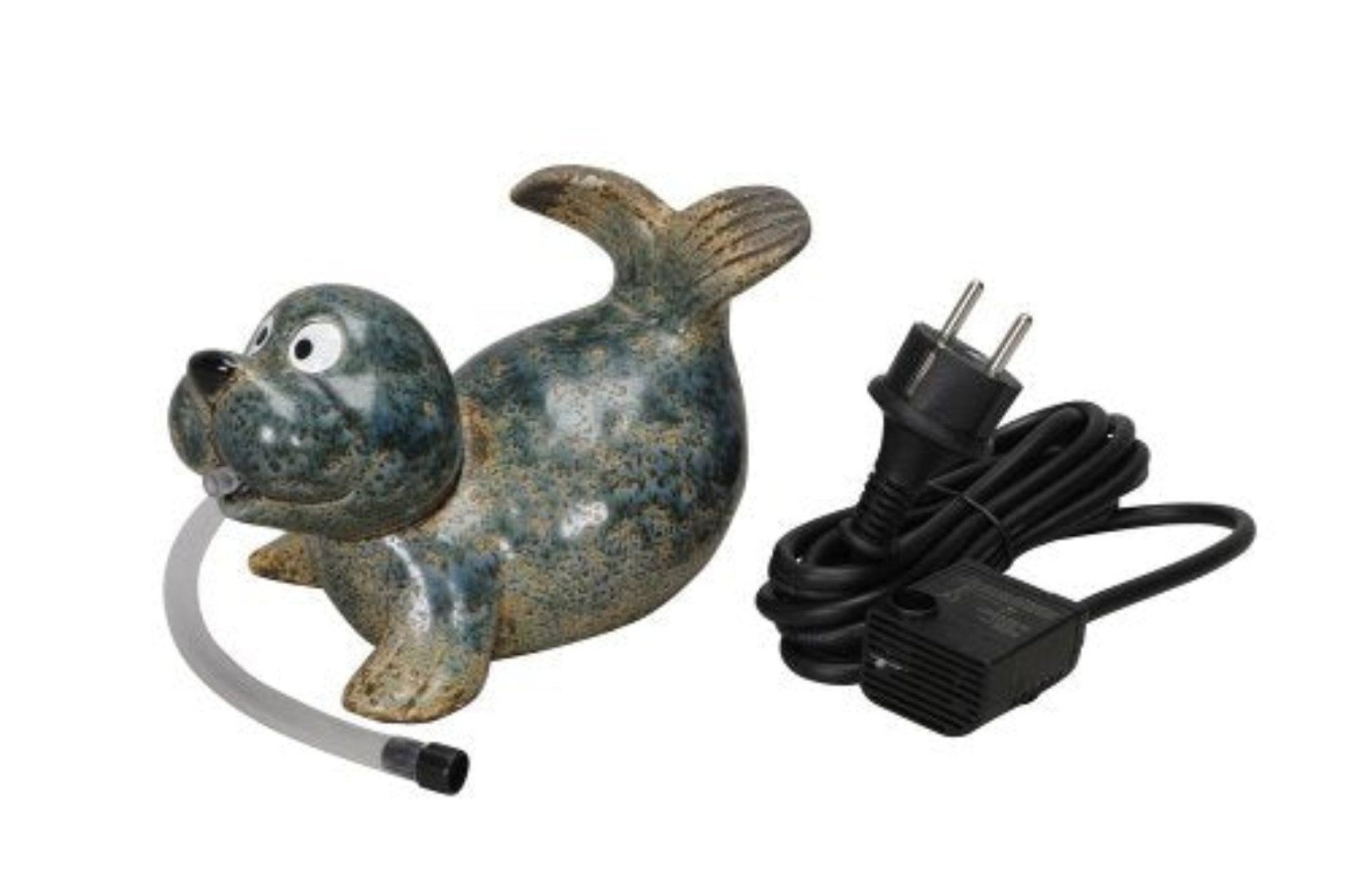 finehomegarden Wasserspeier Seehund blau-braun Keramik 18x11,5cm H13cm mit 230V Pumpe Teichfigur, Miniteich Wasserspiel Gartenteich Teich Teichdeko / Paket