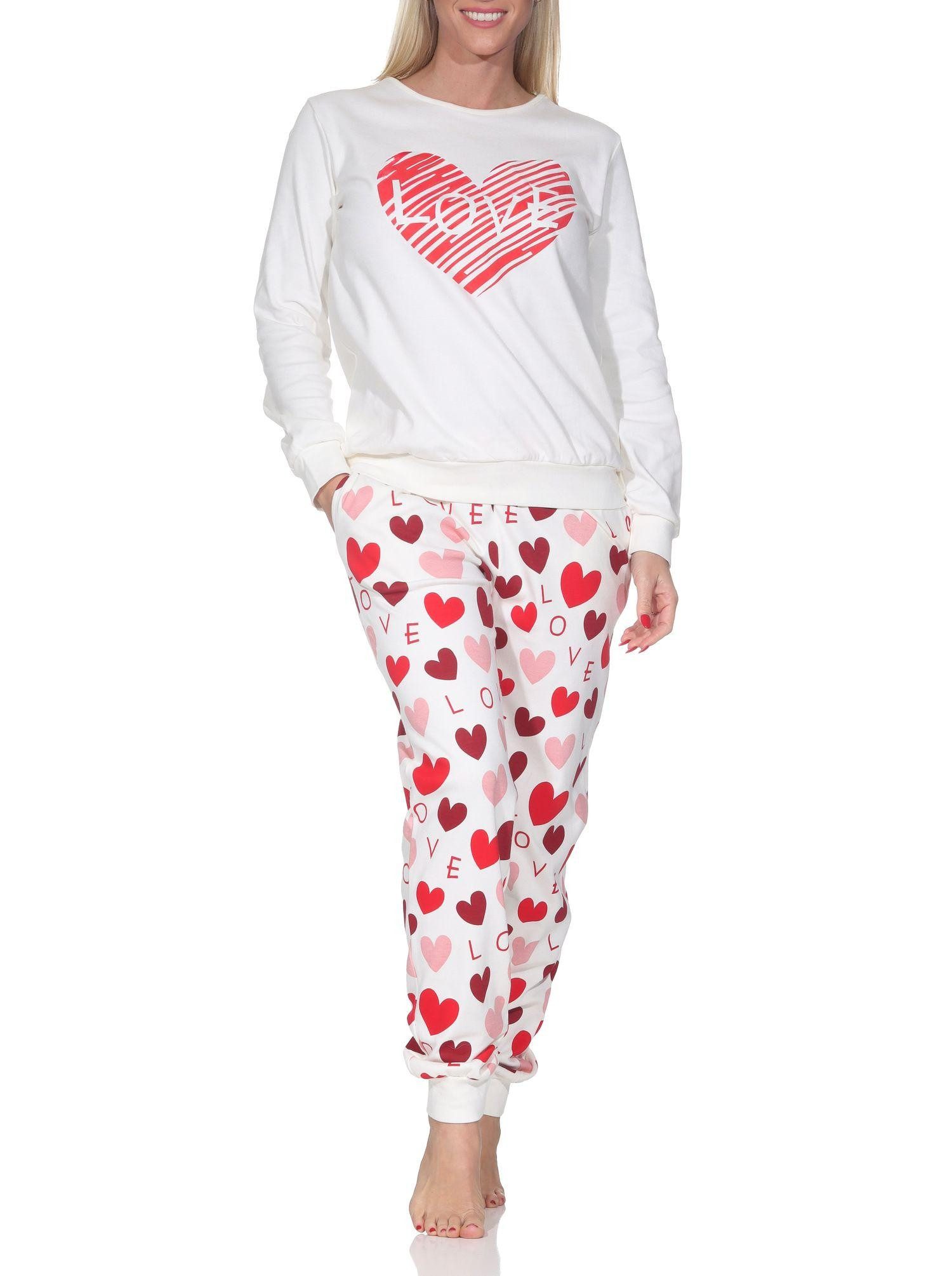 Pyjama Kuscheliger Damen Schlafanzug lang mit Bündchen und Herz Motiv