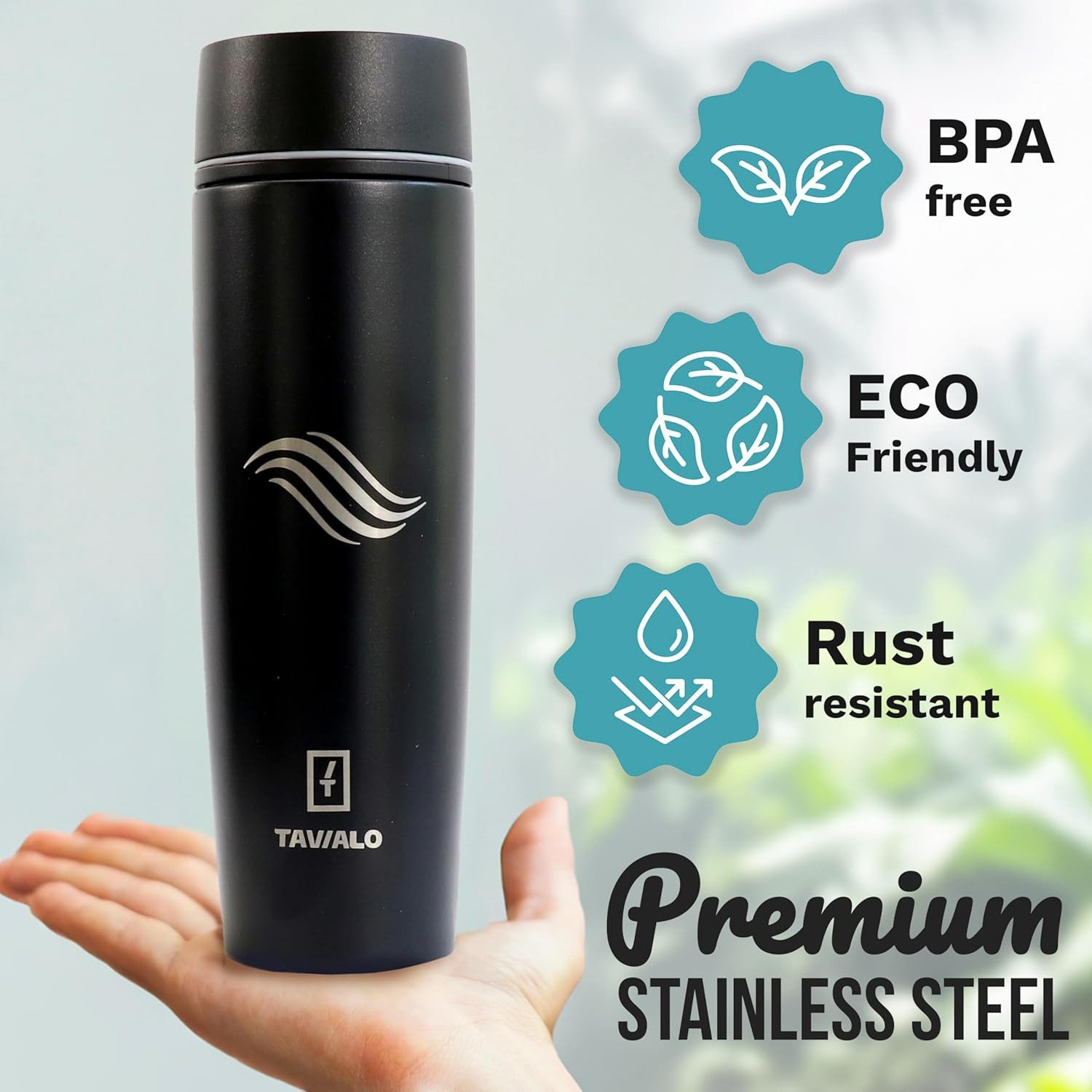 TAVIALO Isolierflasche 460ml schwarz matt Inox Edelstahl, Pulverbeschichtung, Kaffeebecher, ideal für Reisen, Schule, Camping, Wanderungen, beim Sport