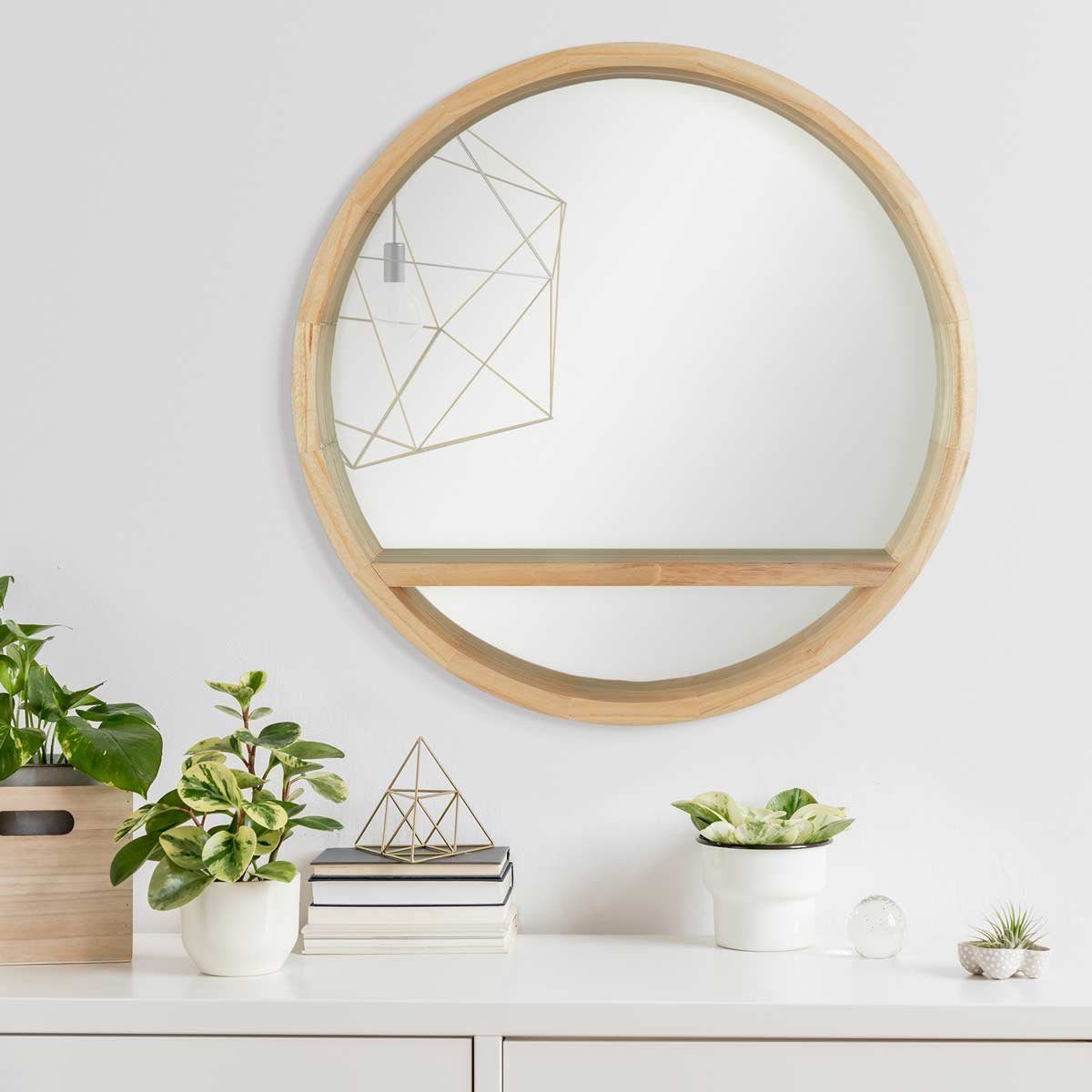 PHOTOLINI Spiegel mit Holzrahmen und praktischer Naturholz Wandspiegel Ablagefläche