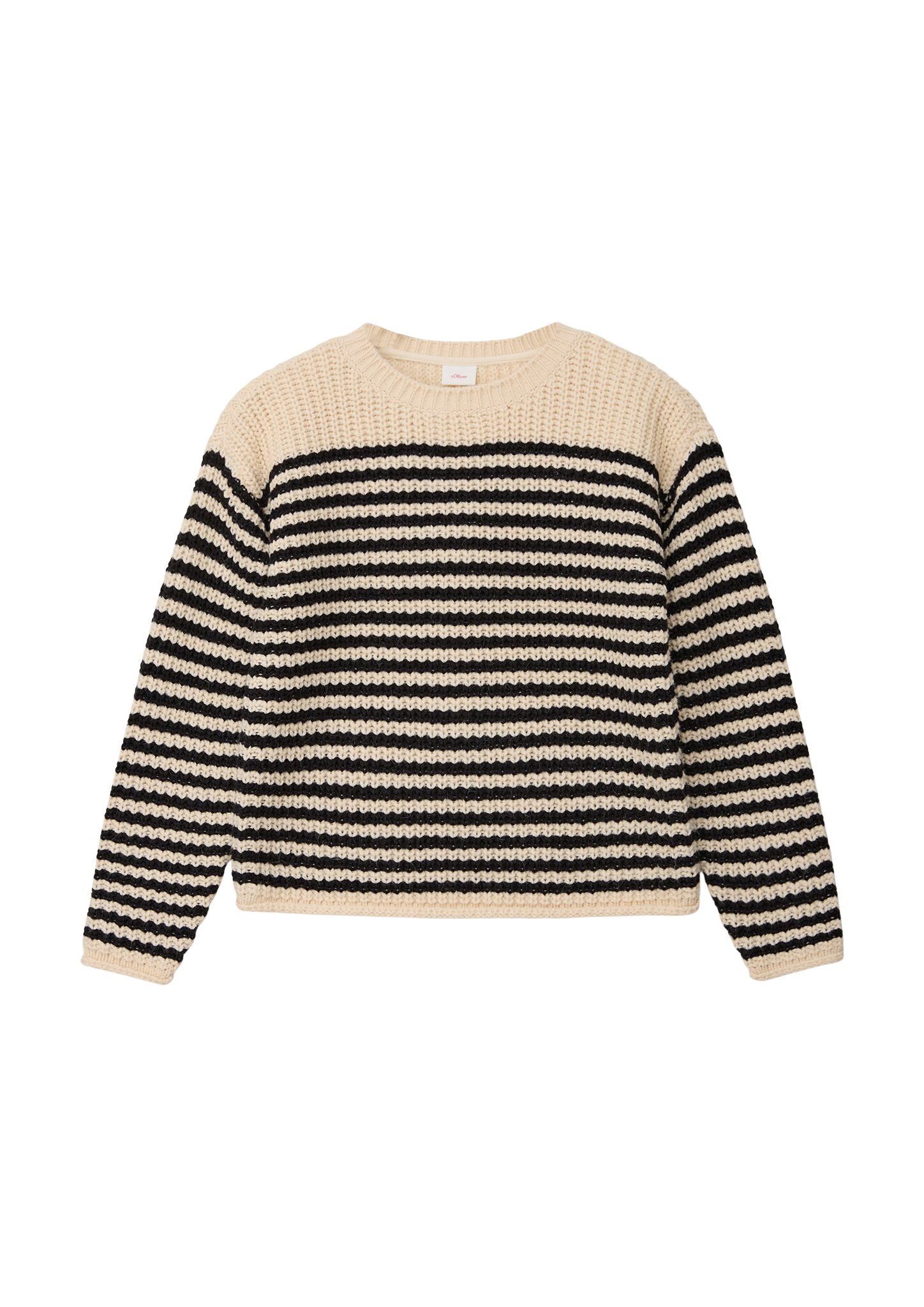 eine hat s.Oliver Strickpullover Ringelmuster, Ausschnitt Grobgestrickter mit am Pullover Rippblende