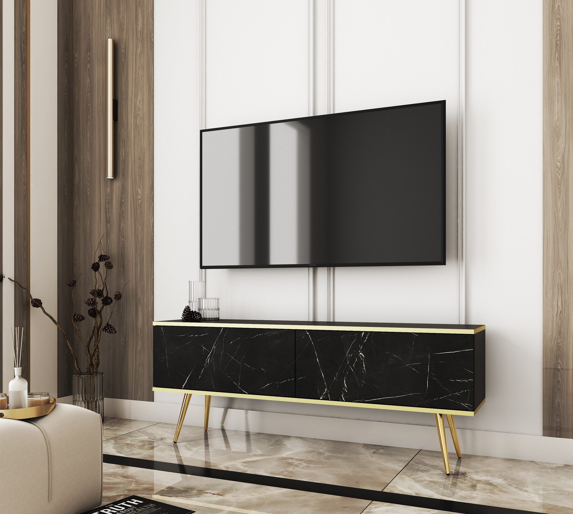 MOEBLO TV-Board DAYN NEW (Lowboard Fernsehtisch TV Bank TV Tisch Fernseher Tisch TV Möbel, goldene/schwarze Metallbeine), 135/175x30x32