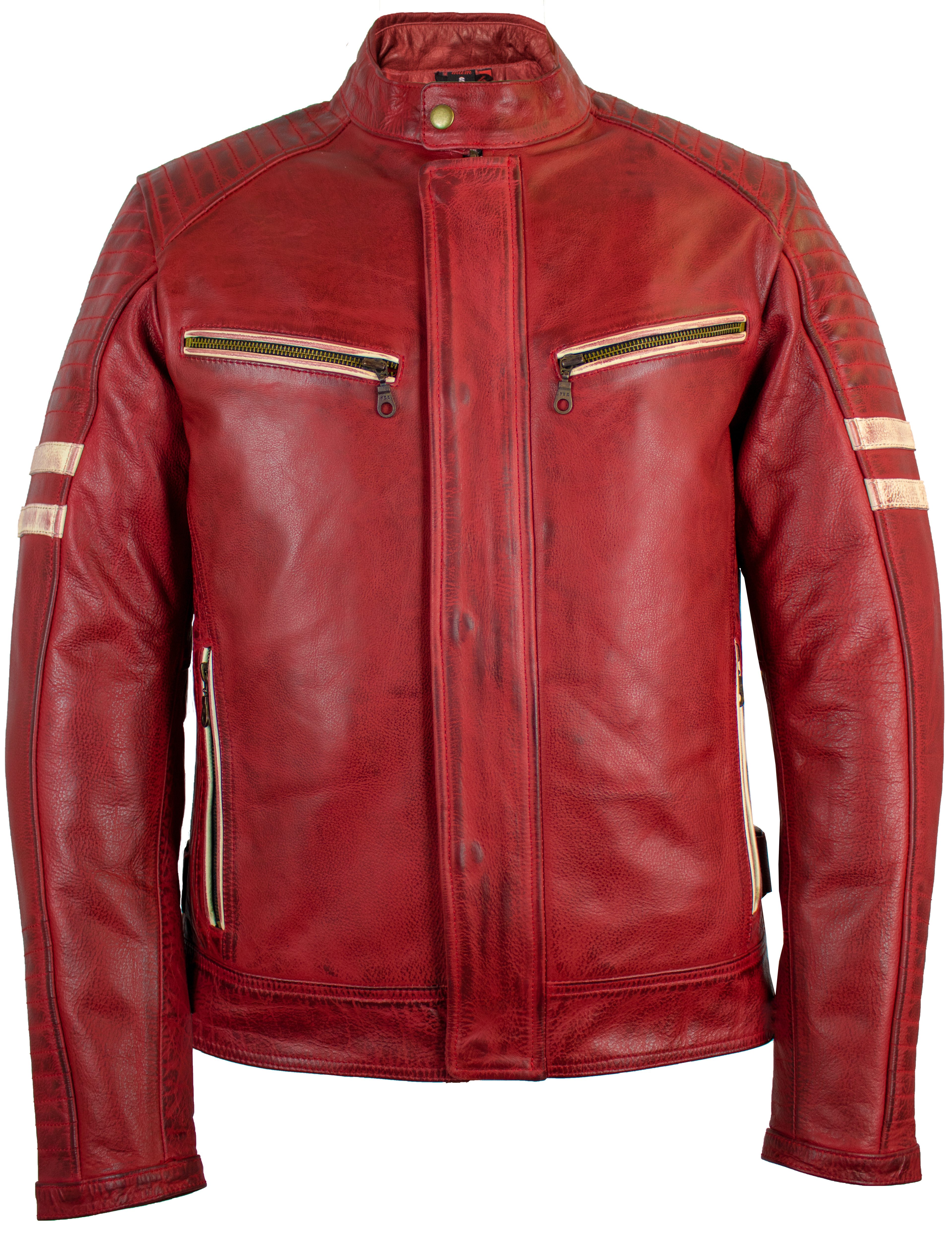 MDM Motorradjacke Herren Motorrad Lederjacke Echtleder Retro Bikerjacke Protektoren (Set, 1x Motorrad Lederjacke, 5x Protektoren) Retro Used Look, Herausnehmbare Protektoren, Thermofutter