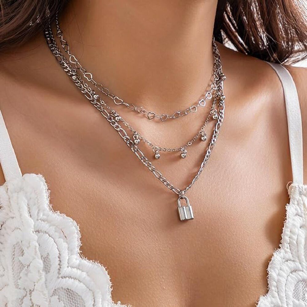 Kette mit Anhänger Halskette mit Anhänger, 3 Reihen Ketten, Liebe dünne Kette Halskette