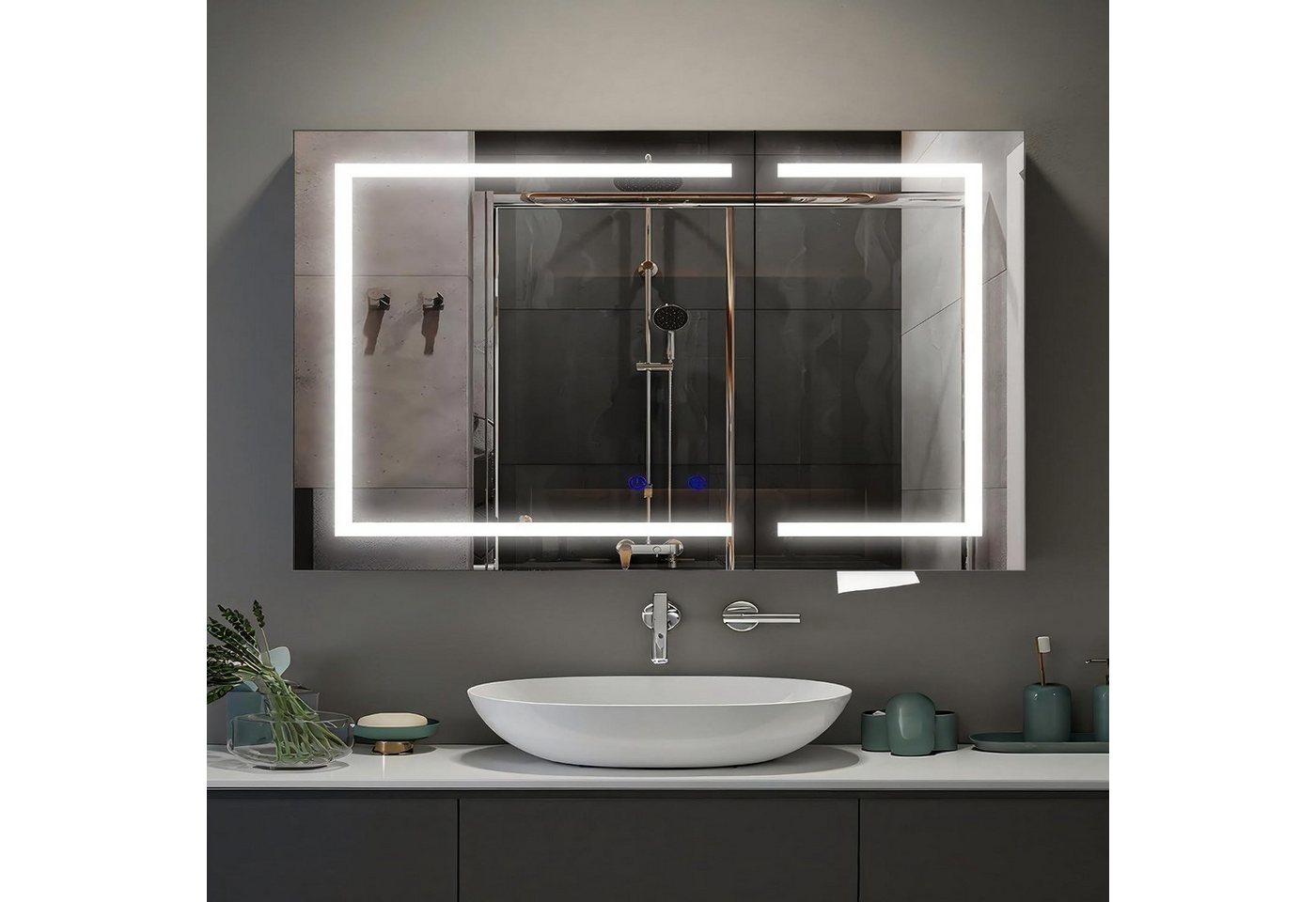 H.yeed Spiegelschrank Bad mit Beleuchtung und Steckdose, Verstellbares Regal, Entfogging-Funktion, Wandmontage