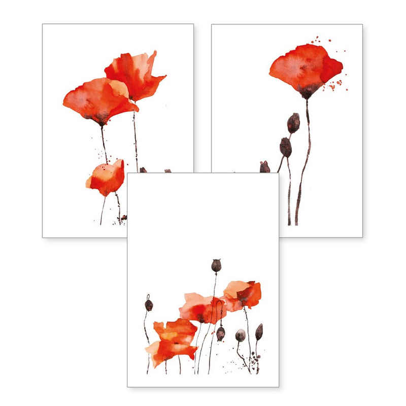 Kreative Feder Poster, Mohnblume, Blüte, Blume, Aquarell, rot (Set, 3 St), 3-teiliges Poster-Set, Kunstdruck, Wandbild, optional mit Rahmen, wahlw. in DIN A4 / A3, 3-WP016