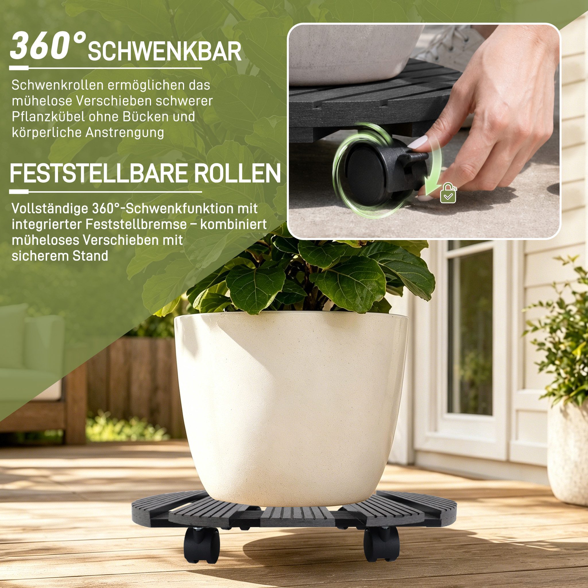 FIVMEN Pflanzenroller WPC Rollbrett Pflanzen 100 kg Tragkraft Blumenroller 30 x 30 cm, Rollen mit 2 Feststellern für Außenbereich Innenbereich – Bild 5 von 5