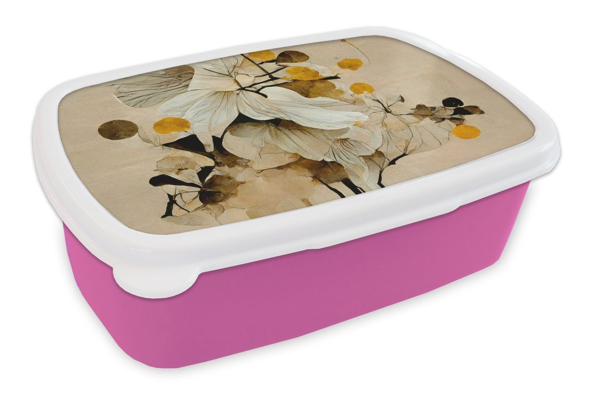 MuchoWow Lunchbox Blumen - Pflanzen - Gold - Vintage, Kunststoff, (2-tlg), Brotbox für Erwachsene, Brotdose Kinder, Snackbox, Mädchen, Kunststoff rosa