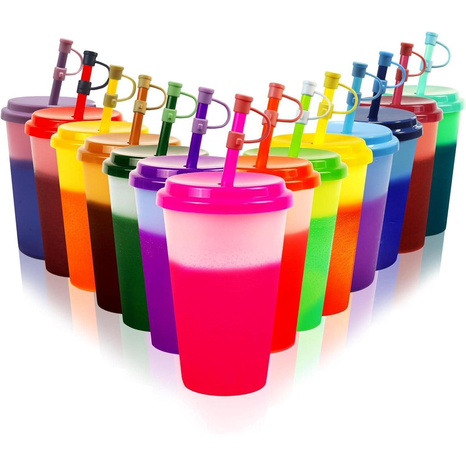 LuxusKollektion Kinderbecher Trinkbecher 350ml Farbwechsel Mehrweg 14 Stück mit Strohhalm Cover