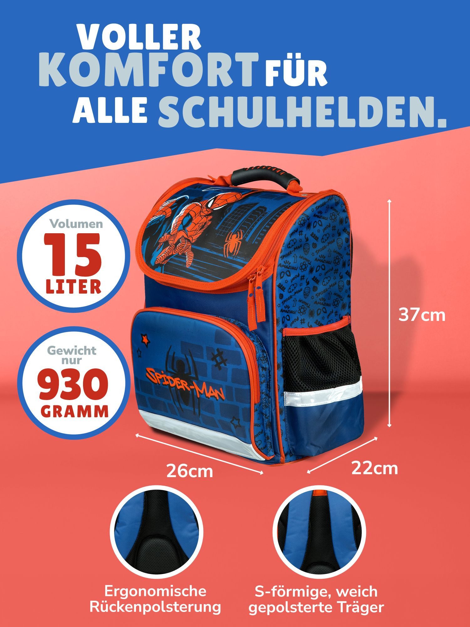Familando Schulranzen SPIDER-MAN Schultasche ab der 1. Klasse, Blau (Set, 5-tlg., inkl. Federmäppchen, Schlamper, Turn- & Geldbeutel), ergonomisch, 930 Gramm leicht, 15L Volumen
