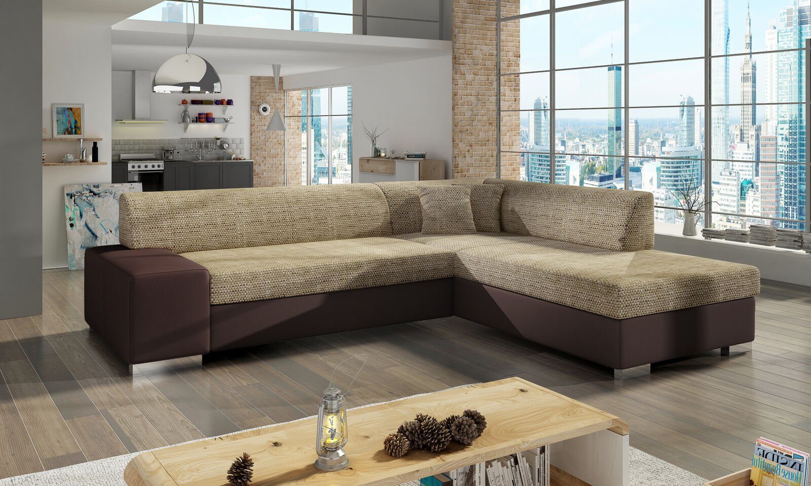 JVmoebel Ecksofa Design Ecksofa Schlafsofa Bettfunktion Couch Leder Textil Polster, Mit Bettfunktion Hellbraun / Dunkelbraun