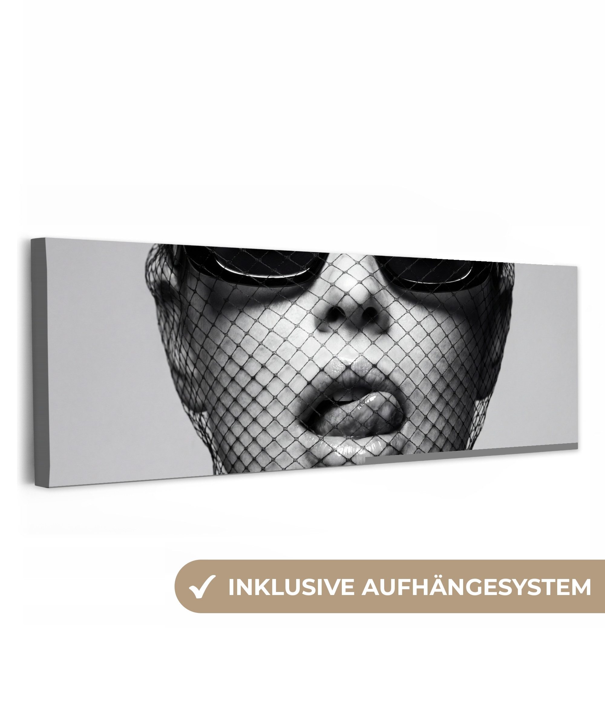 OneMillionCanvasses® Leinwandbild Panorama Frau - Netz - Mysteriös - Schwarz - Weiß, Fotodruck (1 St), Wandbild, Deko Schlafzimmer Wohnzimmer Flur 60x20 cm