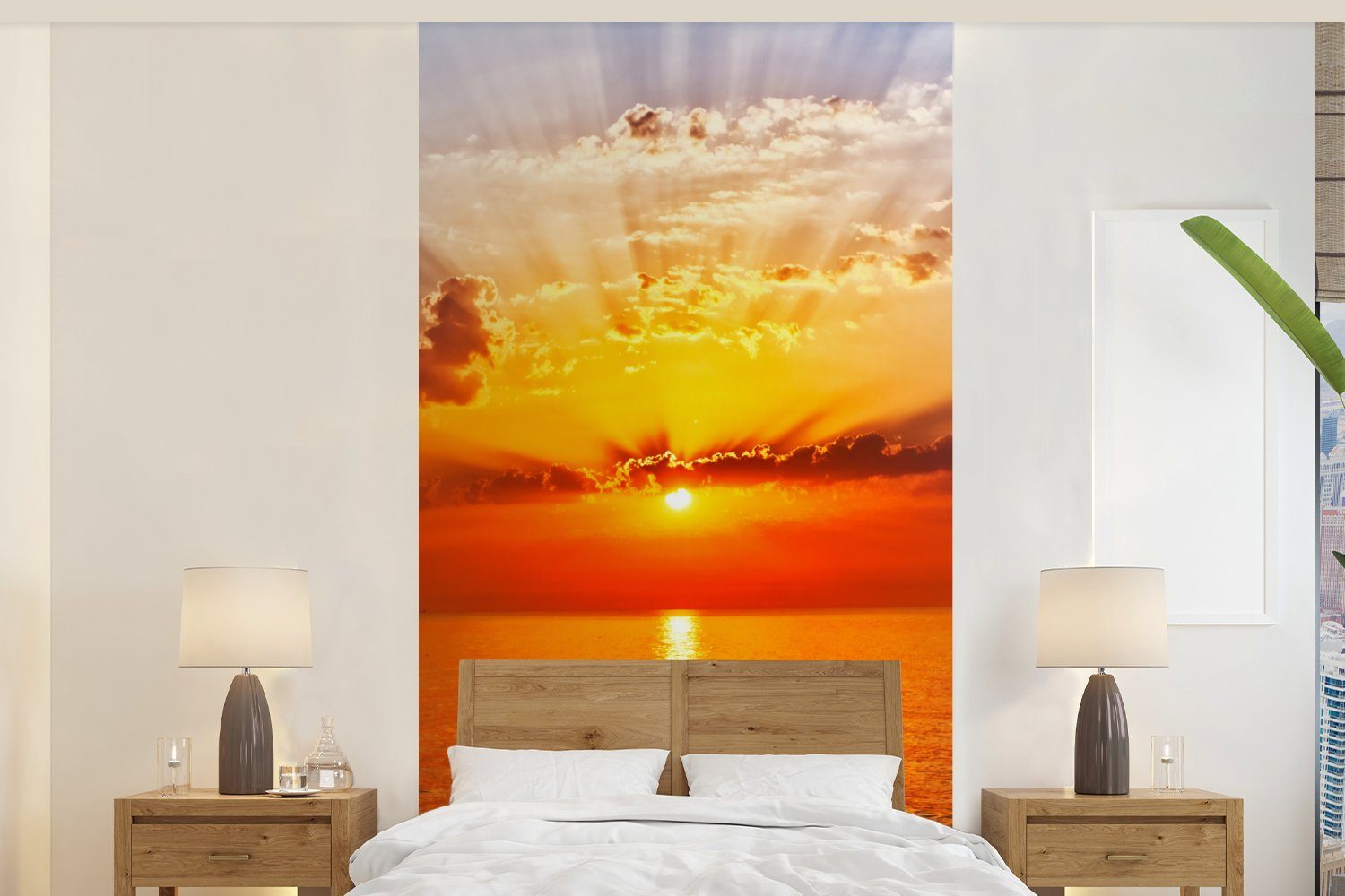 MuchoWow Fototapete Sonnenuntergang - Meer - Himmel - Orange - Horizont - Wasser, Matt, bedruckt, (2 St), Vliestapete für Wohnzimmer Schlafzimmer Küche, Fototapete