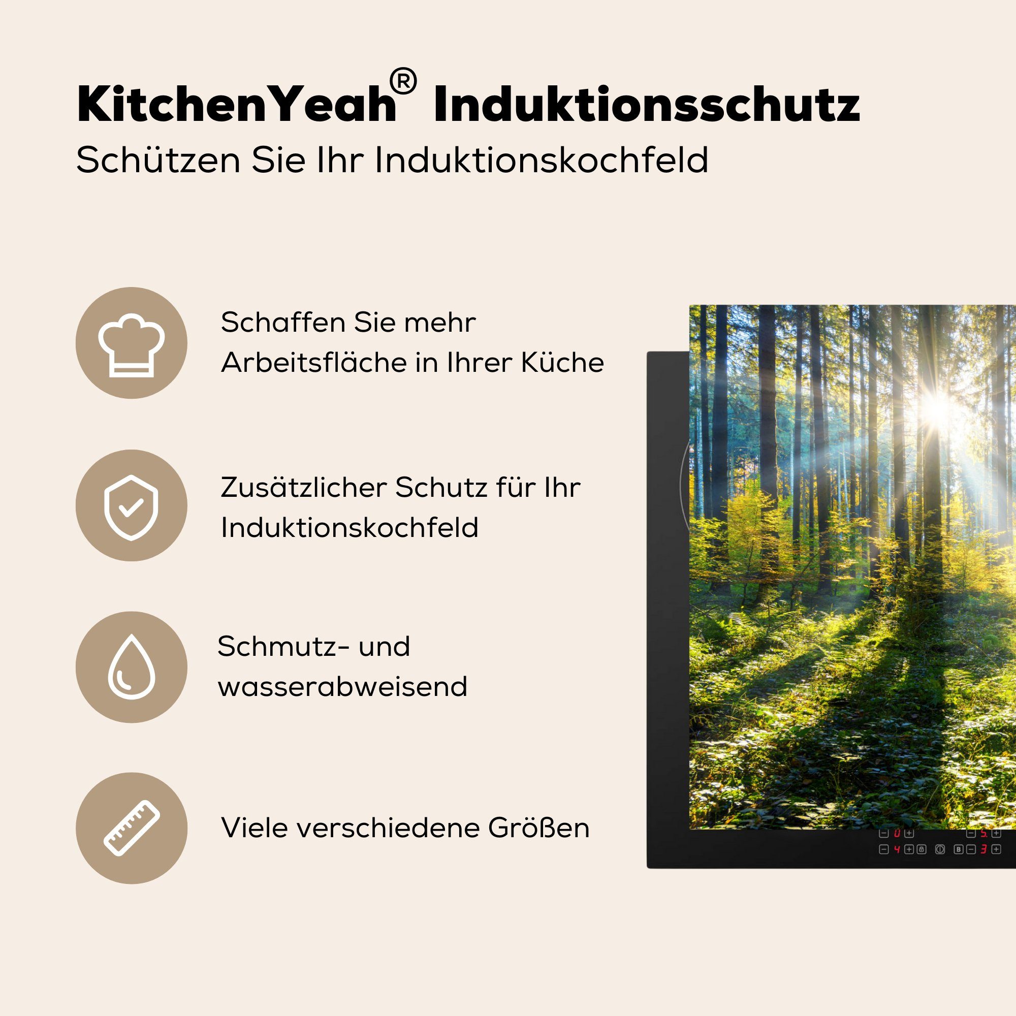 MuchoWow Herdblende-/Abdeckplatte Wald - Sonne Ceranfeldabdeckung küche, - cm, tlg), (1 Induktionskochfeld die Vinyl, 81x52 Sommer, für Schutz