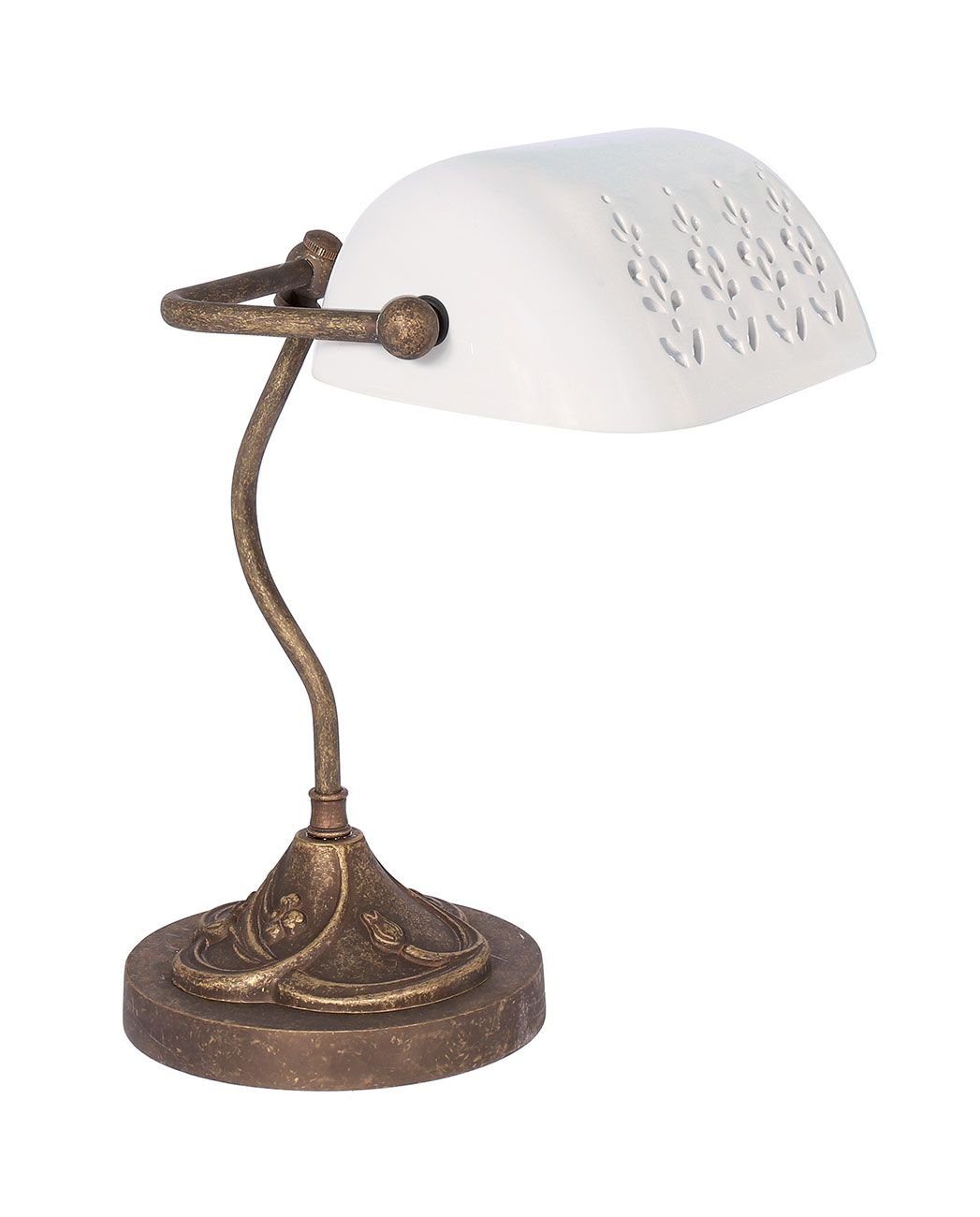 Licht-Erlebnisse Schreibtischlampe MINISTERO, ohne Leuchtmittel, Bankerlampe Messing massiv Glas in Bronze Antik Weiß Handarbeit