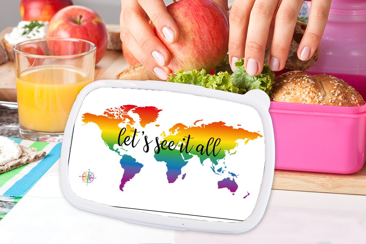 MuchoWow Lunchbox Weltkarte - für Erwachsene, rosa Mädchen, Regenbogen Kunststoff Brotbox (2-tlg), Kunststoff, - Kompass, Brotdose Kinder, Snackbox