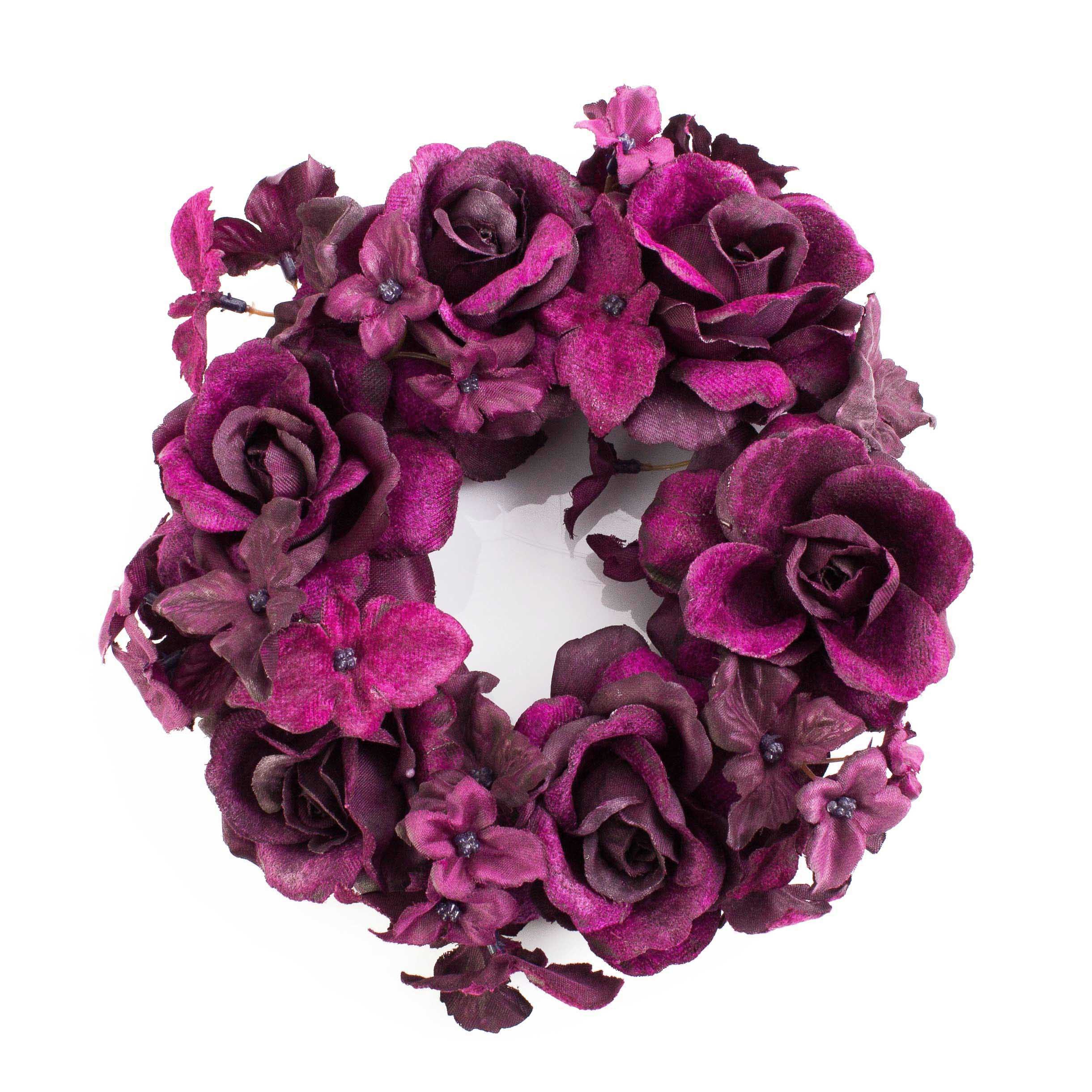 Kunstkranz XXL Ring, Rosenköpfen, Hortensienblüten, violett, Ø 15cm - Kerzenring, artplants