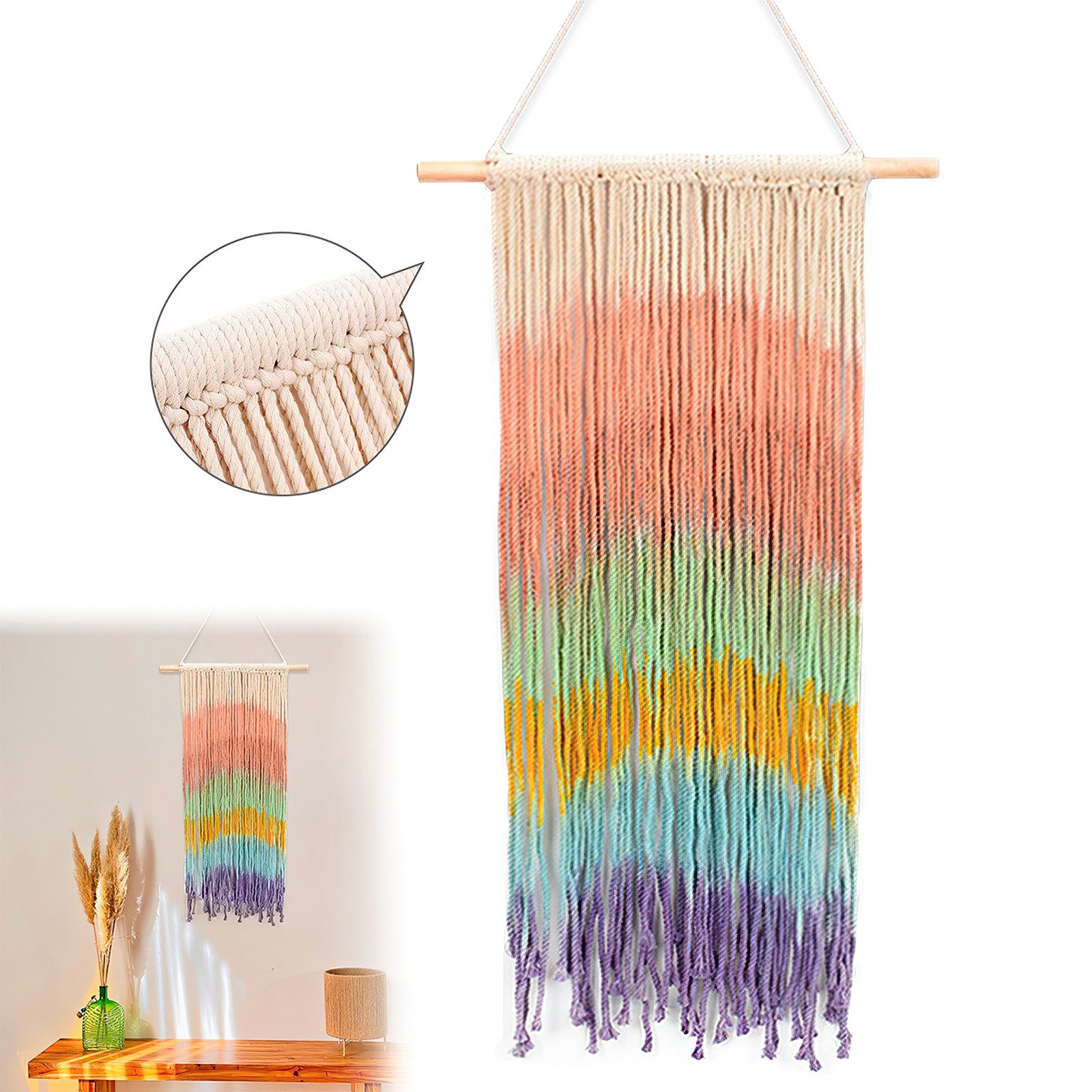 MOPUEA Wandteppich Tapisserie Handgefertigtes Baumwollseil Weben Regenbogen, Anwendbares Szenario: Wohnungseinrichtung
