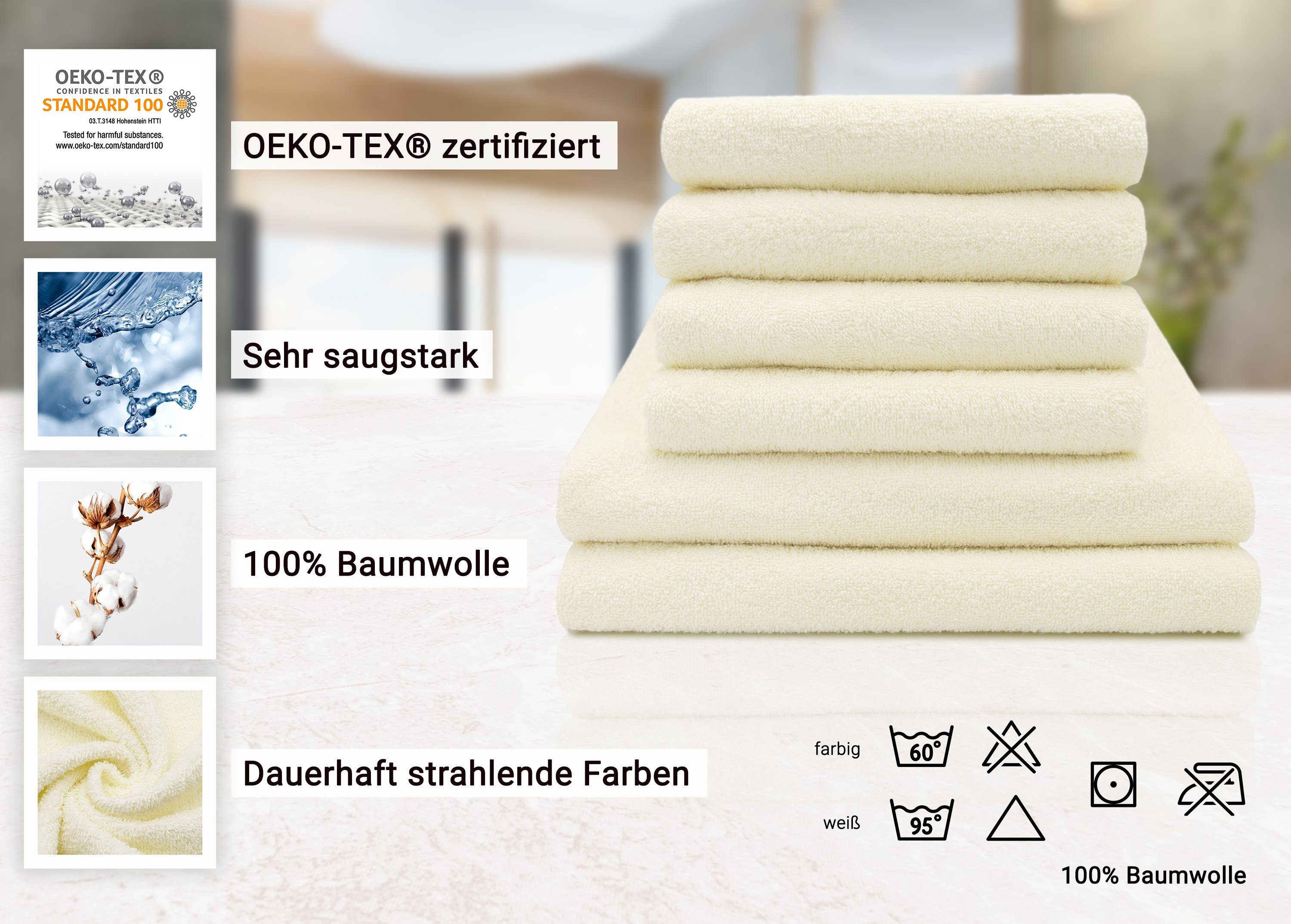 Handtuch vom 100% creme ZOLLNER (6-tlg), Baumwolle, Walkfrottier, Set, Hotelwäschespezialisten
