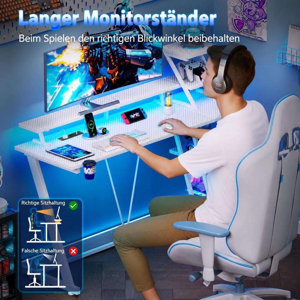 Aiorber Computertisch Aiorber-Gaming Tisch mit Monitorablage und Stauraum – Bild 5 von 5