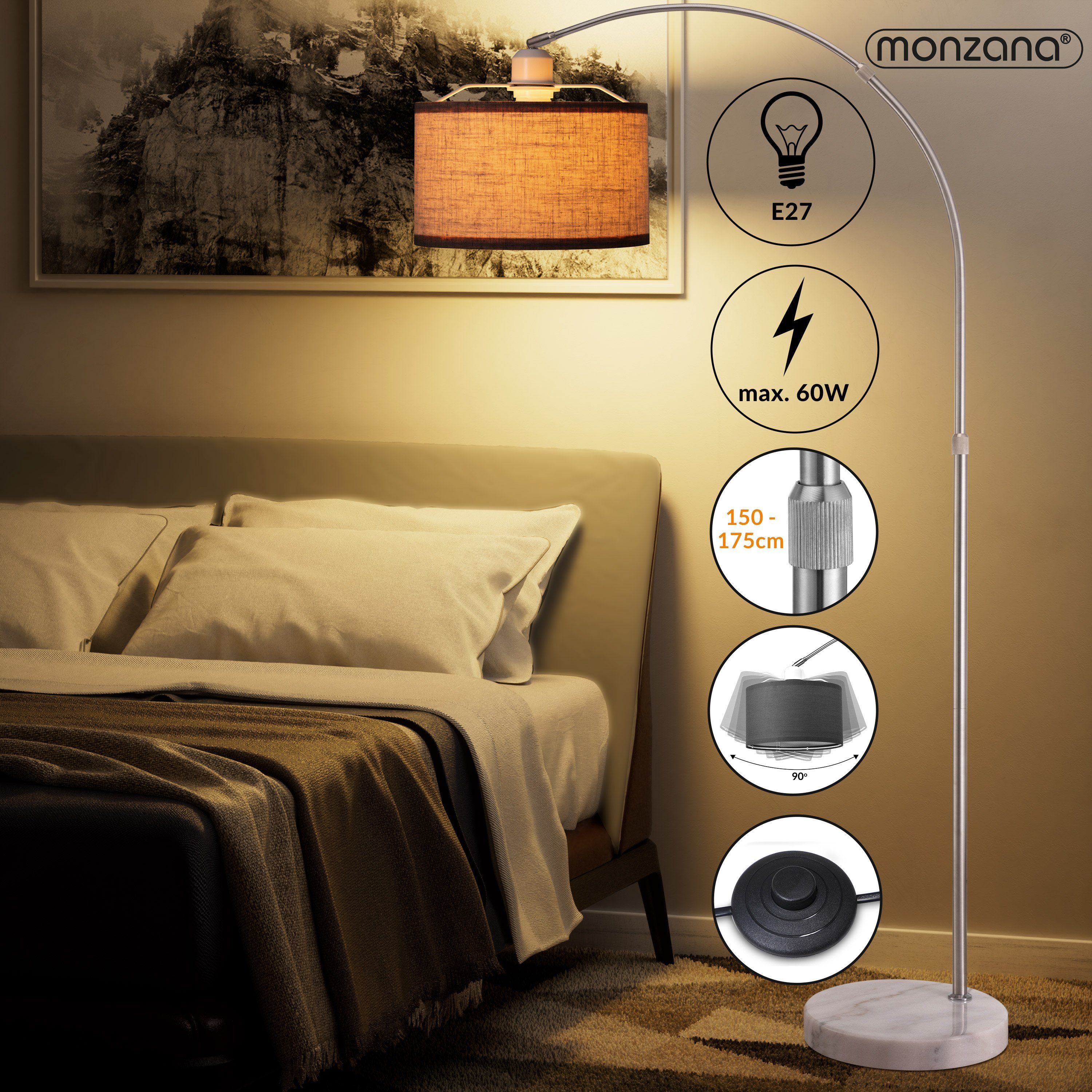 monzana Bogenlampe, Bogenlampe, Stoffschirm Grau Marmorfuß günstig online kaufen