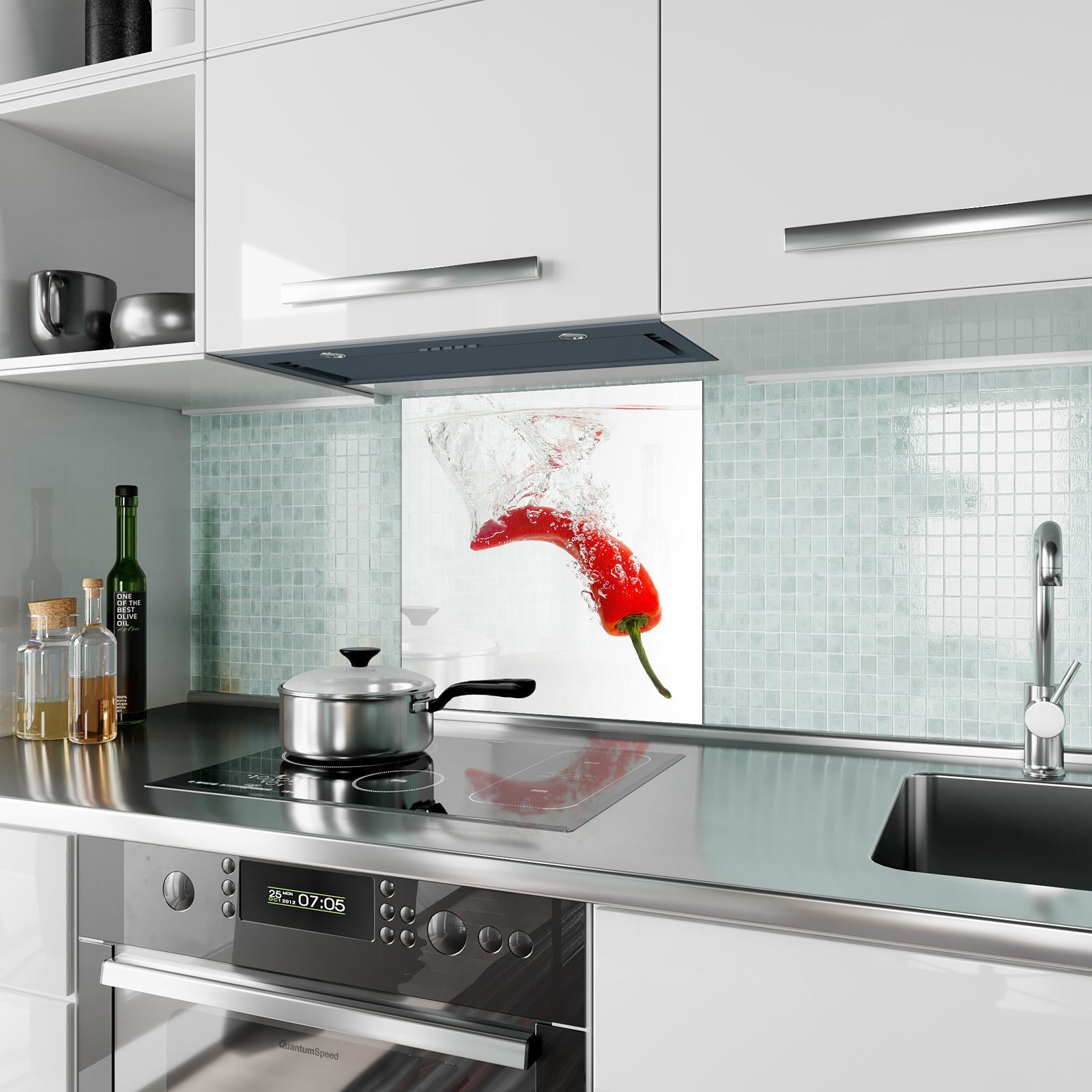 Glas Wasser Motiv Primedeco fällt mit Chili Spritzschutz Küchenrückwand Küchenrückwand in