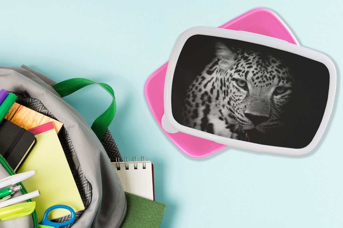 Tiere - Kunststoff, Mädchen, Weiß Lunchbox Schwarz Porträt, rosa - - MuchoWow Brotbox für Brotdose Kunststoff Snackbox, Panther Kinder, - Erwachsene, (2-tlg),