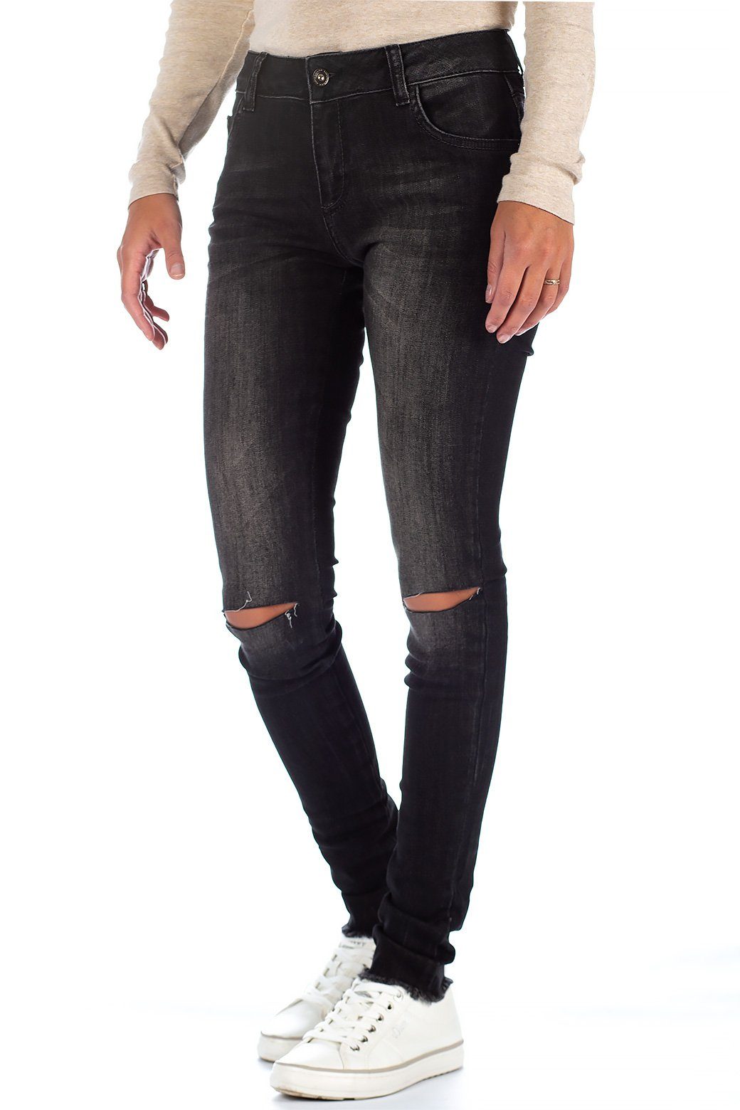 Cipo & Baxx 5-Pocket-Jeans Damen Slim Fit Jeans Stonewashed BA-19CB05 (1-tlg) mit Knielöchern und Ausgefranstem Saum