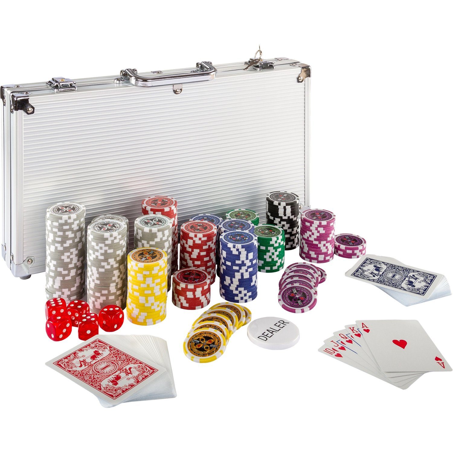 Pokerkoffer Pokerset 300 Poker Chips Jetons Kartenspiel Würfel Spielkarten Set # 