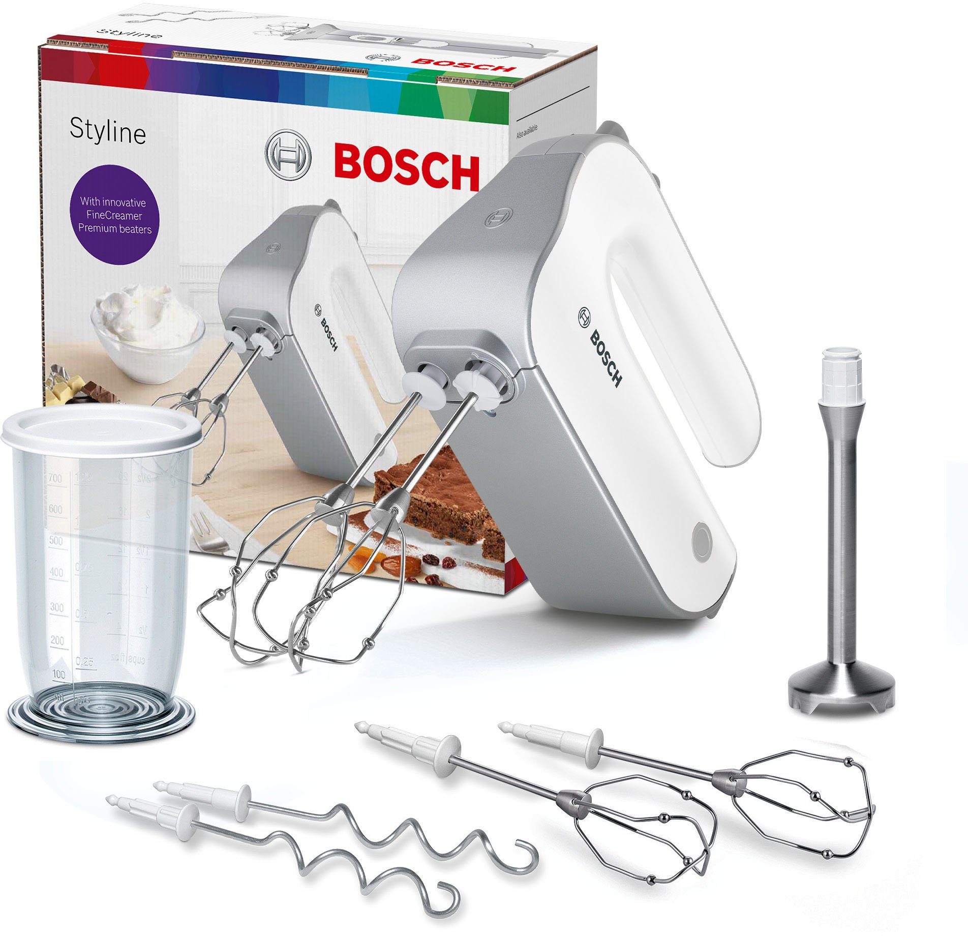 BOSCH Handmixer Styline MFQ4075DE, 2x Rührbesen, Knethaken Edelst., Mixfuß, weiß, 550 W, 5 Stufen, Turbotaste, Mixbecher, Made in Europe