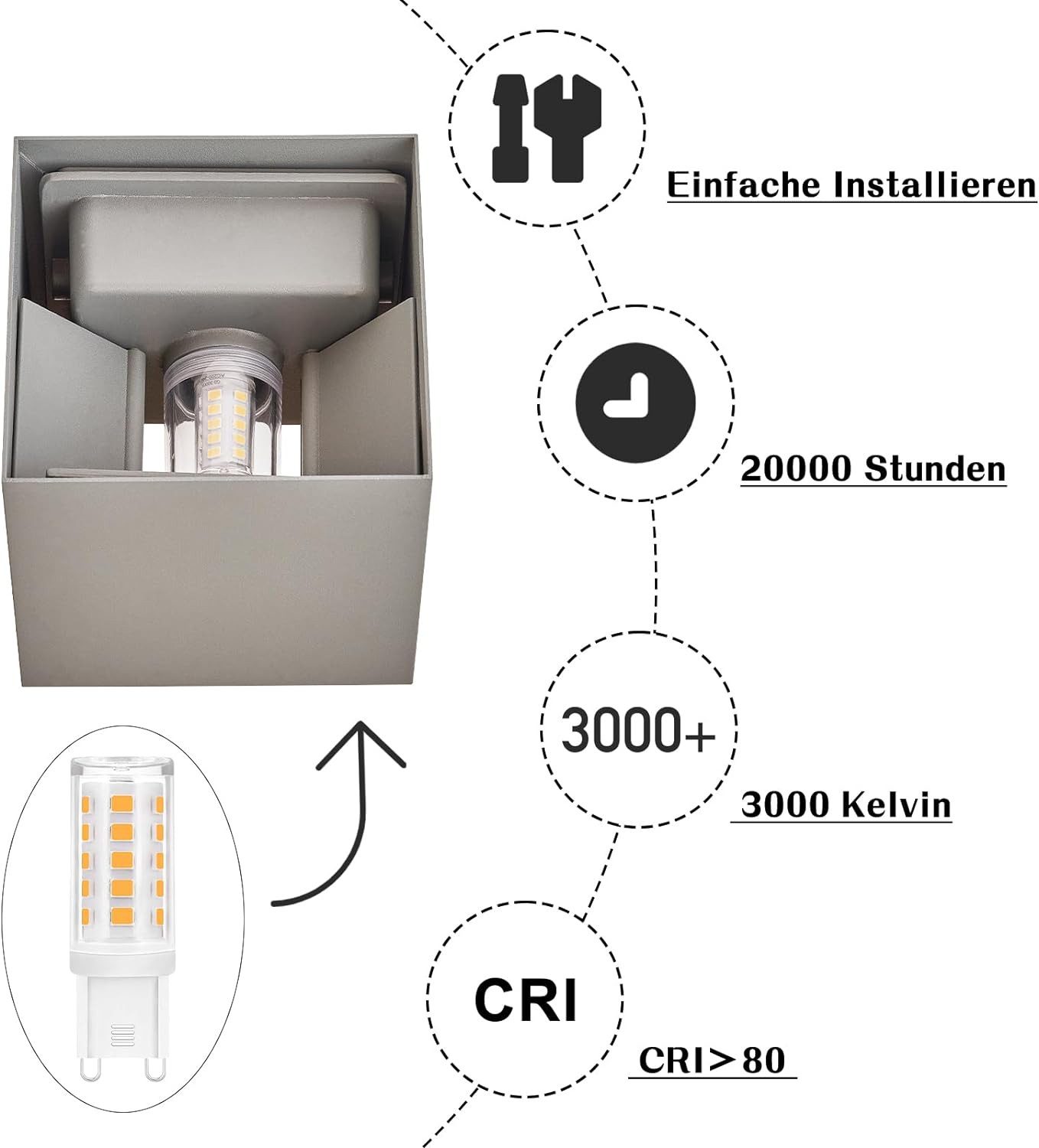 ZMH LED Wandleuchte innen Außen Up-and-Down 3W Wandlampe 2er Flur Wohnzimmer, G9, Mit Leuchtmittel, Warmweiß, G9,Warmweiß,IP54,für Terrasse, Garten, Badezimmer – Bild 4 von 5