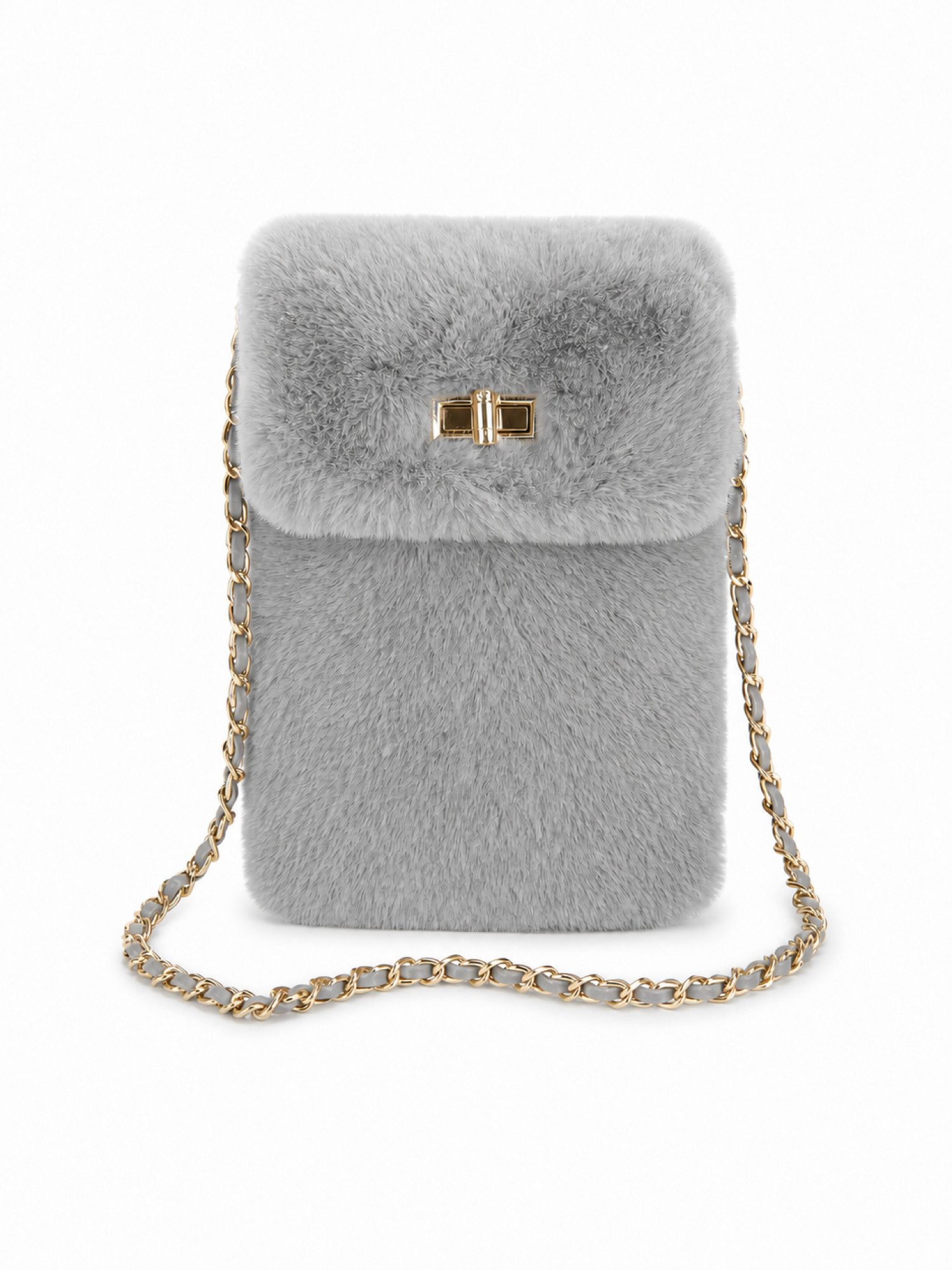 BRISE TASCHE Umhängetasche Mini Umhängetasche aus Kunstfell mit Kettenriemen, weiches Kunstfell, goldfarbener Kettenriemen, Drehverschluss