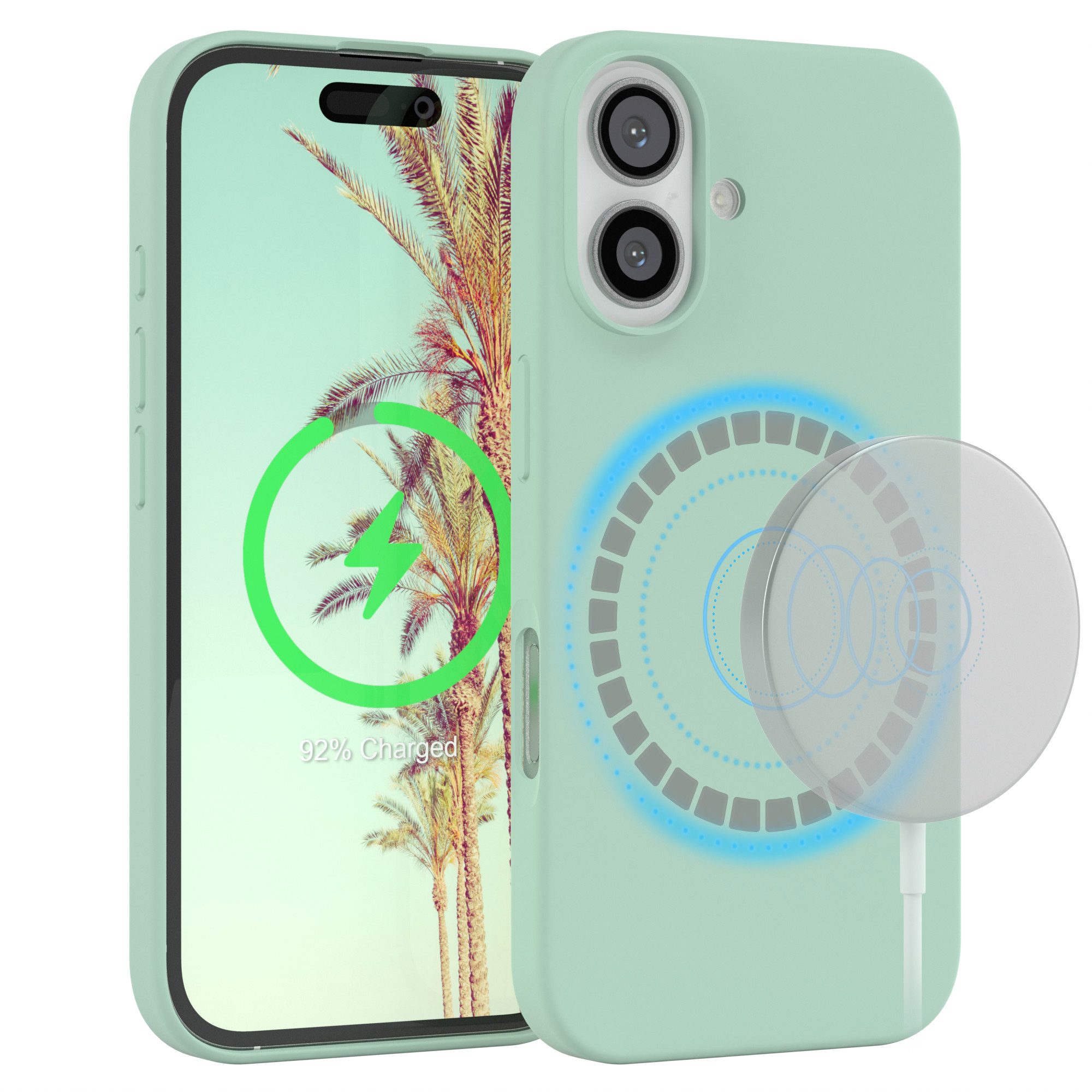 EAZY CASE Handyhülle Silikonhülle mit MagSafe für Apple iPhone 16 6,1 Zoll, Silikon Schutzhülle mit Kameraschutz TPU Hülle Slimcover Mint Grün