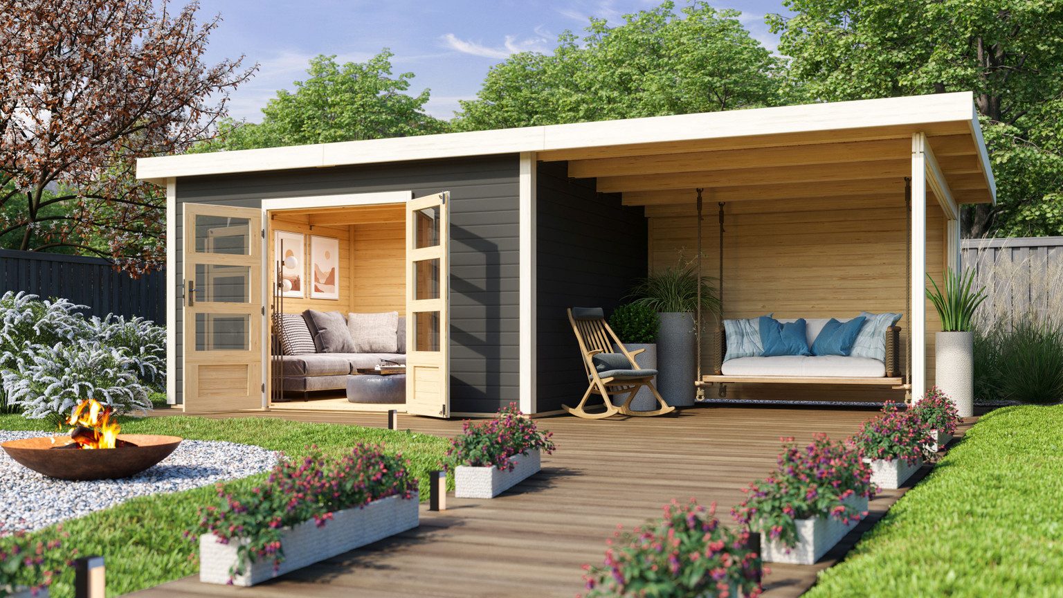 Karibu Gartenhaus Karibu Gartenhaus Northeim, 38 mm, 724 x 332 cm, Typ 4, terragrau, inkl. 3,3 m Anbaudach mit Rückw