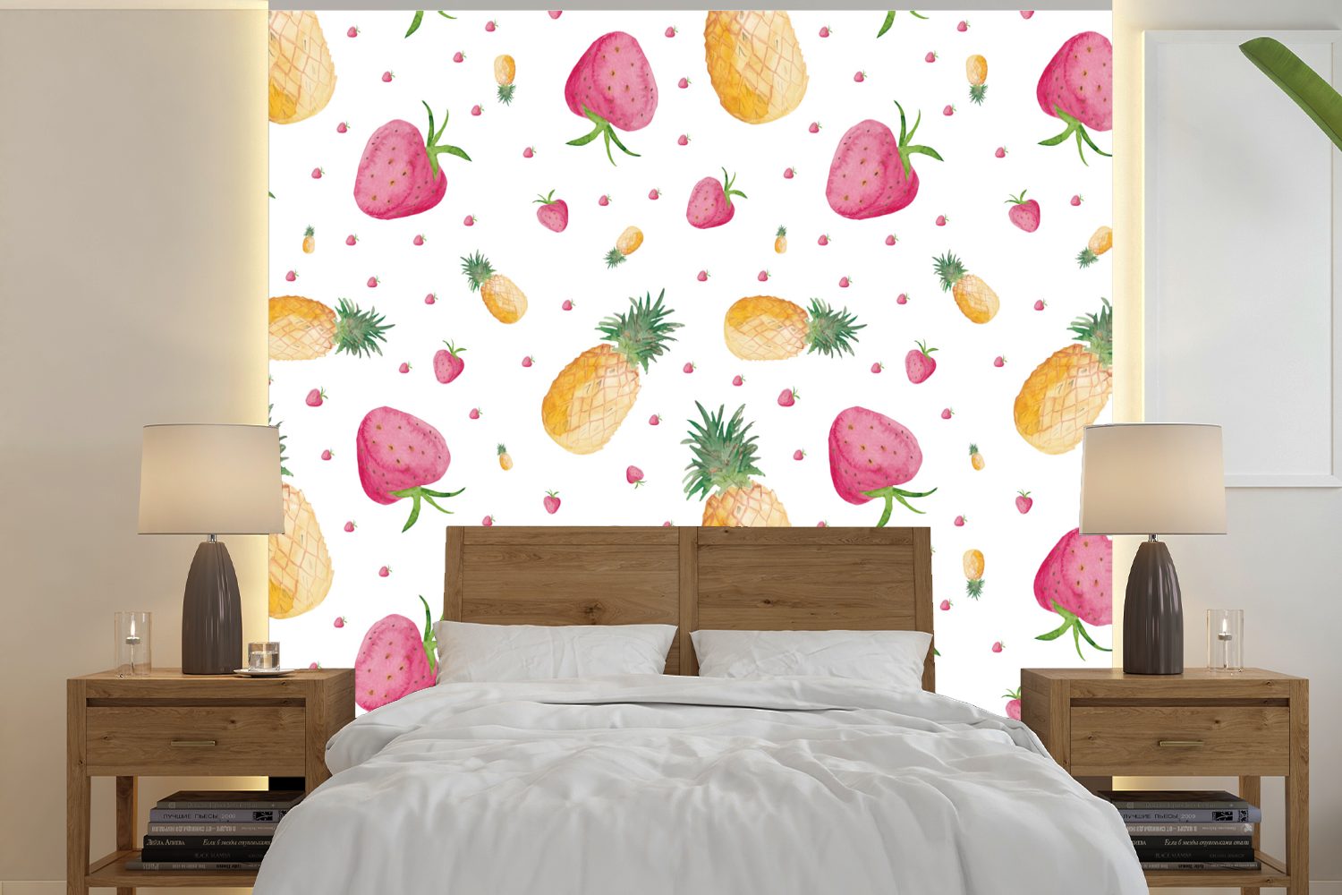MuchoWow Fototapete Erdbeeren - Ananas - Aquarell - Schablonen, Matt, bedruckt, (5 St), Vinyl Tapete für Wohnzimmer oder Schlafzimmer, Wandtapete