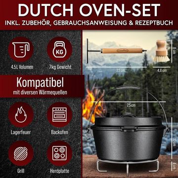 GUSSKÖNIG Grilltopf GUSSKÖNIG Dutch Oven Set [9L] - mit Untersetzer, Gusseisen (Planer Boden, 7-tlg)