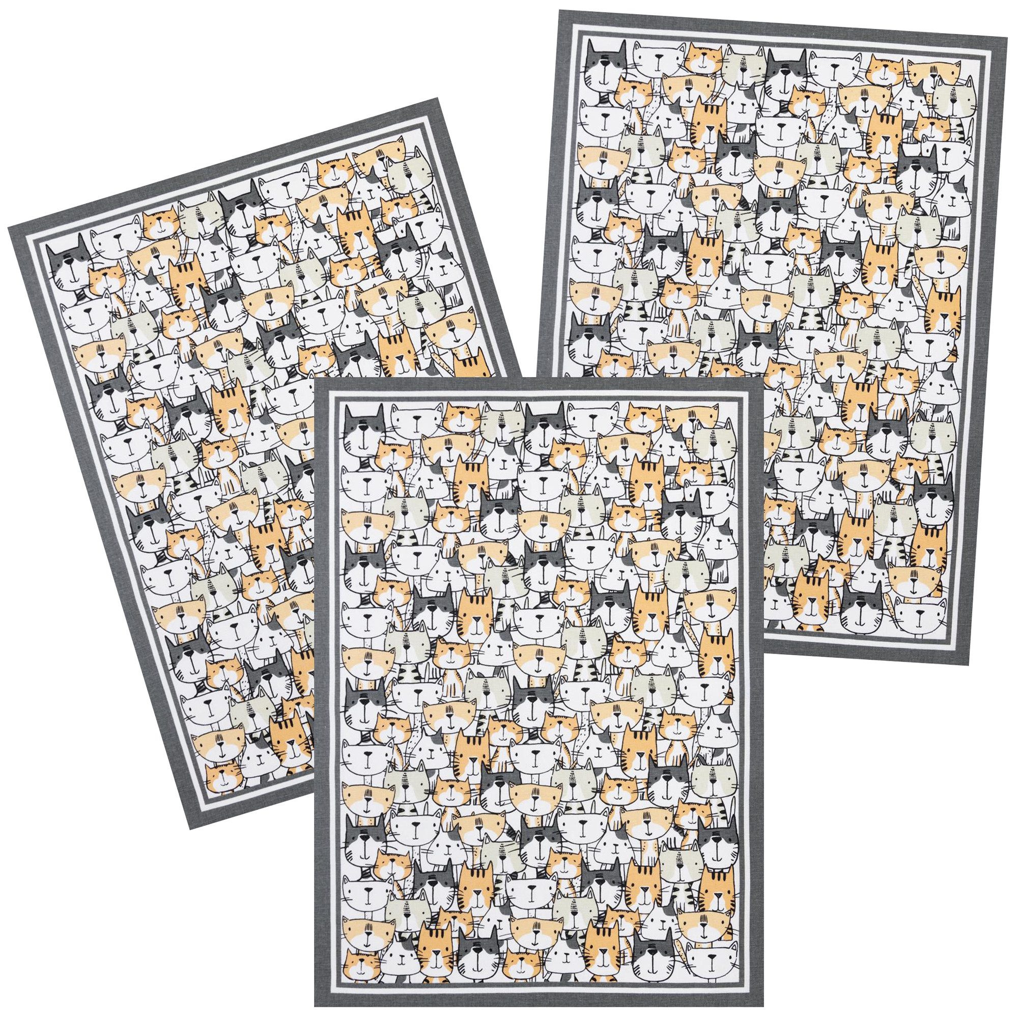Kracht Geschirrtuch Kitcat, (3-tlg., 3-teilig), 3er Pack Geschirrtücher (3 Stück), ca. 50 x 70 cm, Halbleinen bedruckt