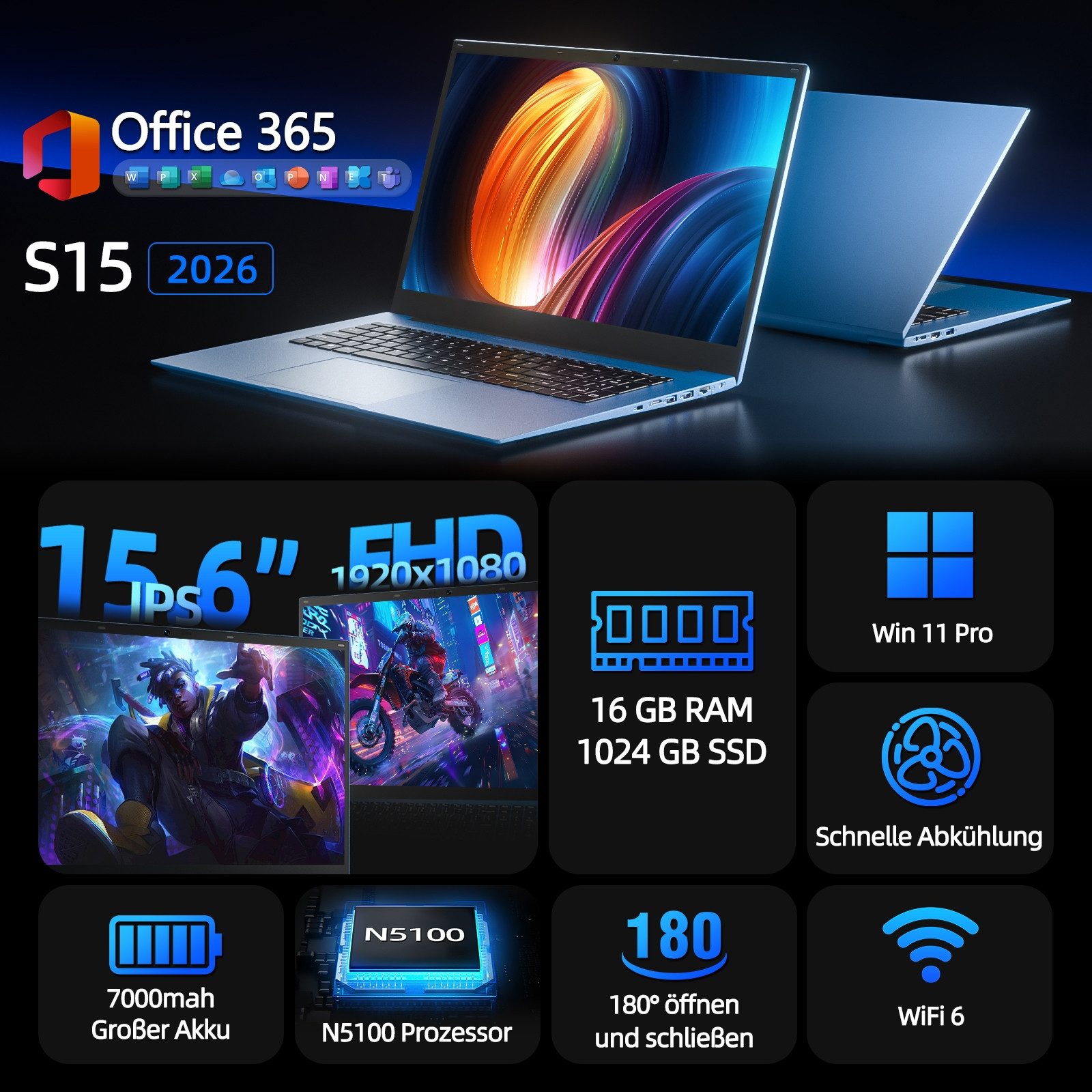Jumper 15.6" laptop FHD 16GB RAM 1024GB SSD Windows 11 Pro, wifi6, Office 365 Notebook (Intel Celeron N5100, 16 GB, 1024 GB SSD)