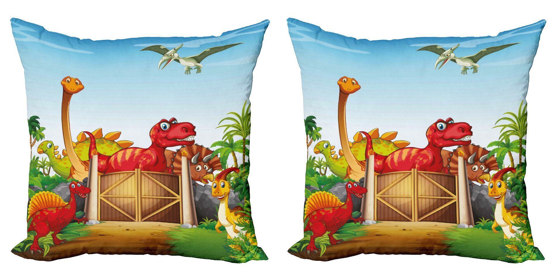 Kissenbezüge Modern Accent Doppelseitiger Digitaldruck, Abakuhaus (2 Stück), Dino Cartoon-Dinosaurier in Park