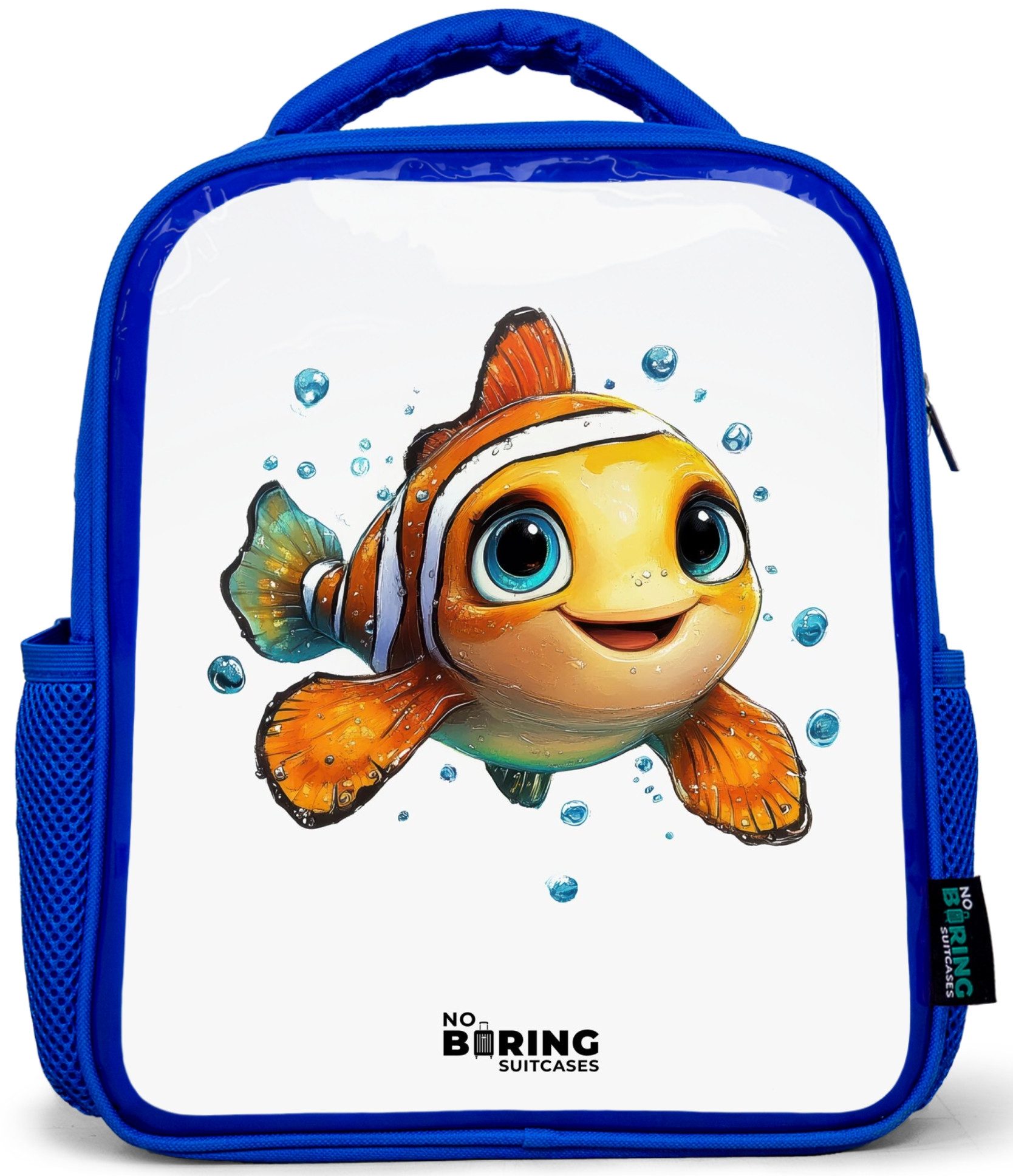 Rucksack Blau - Clownfisch mit Blasen auf weißem Hintergrund