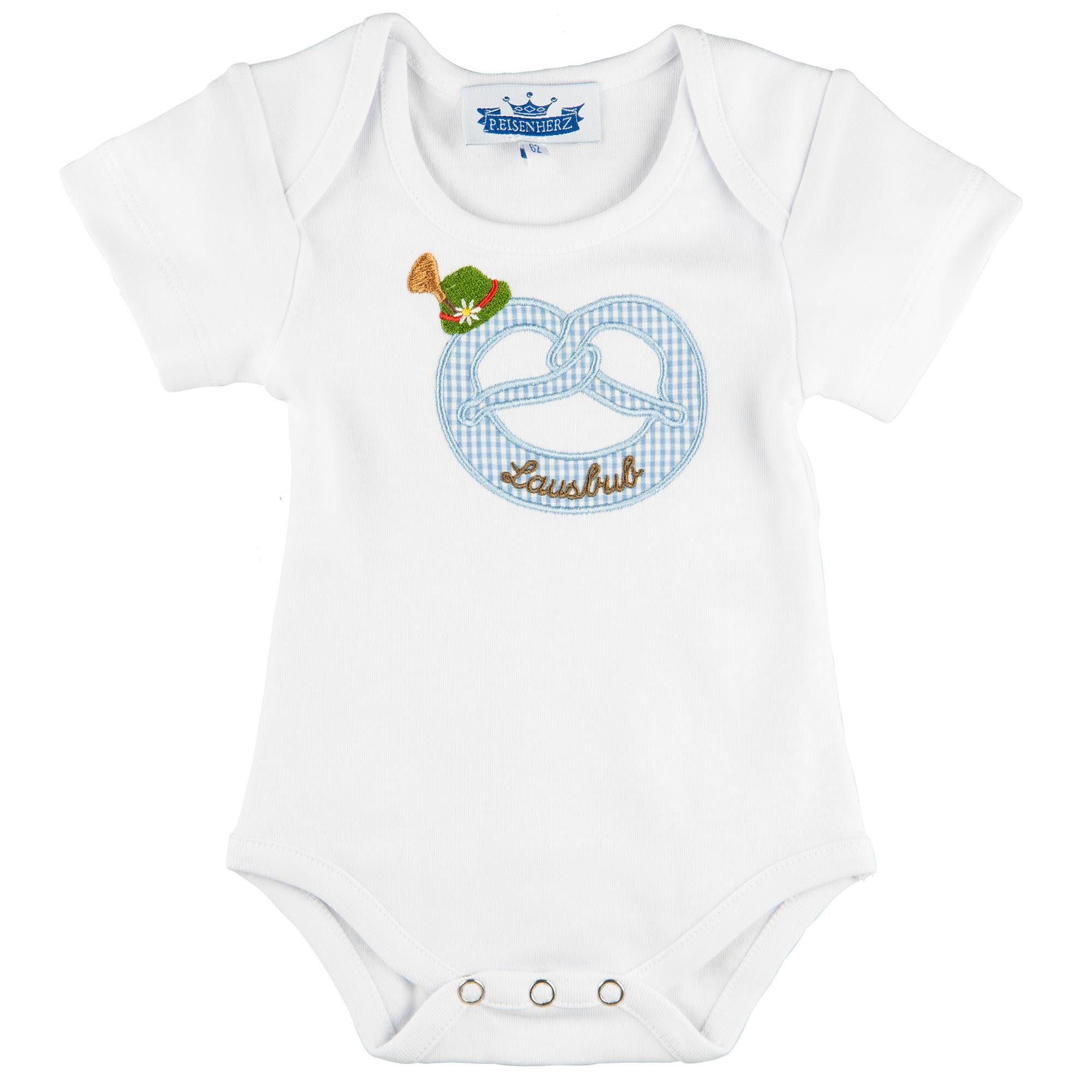 P.Eisenherz Kurzarmbody Kurzarm Body Motiv "Brezl" mit Stickerei Tirolerhut und Lausbub mit Stickerei Tirolerhut und "Lausbub"