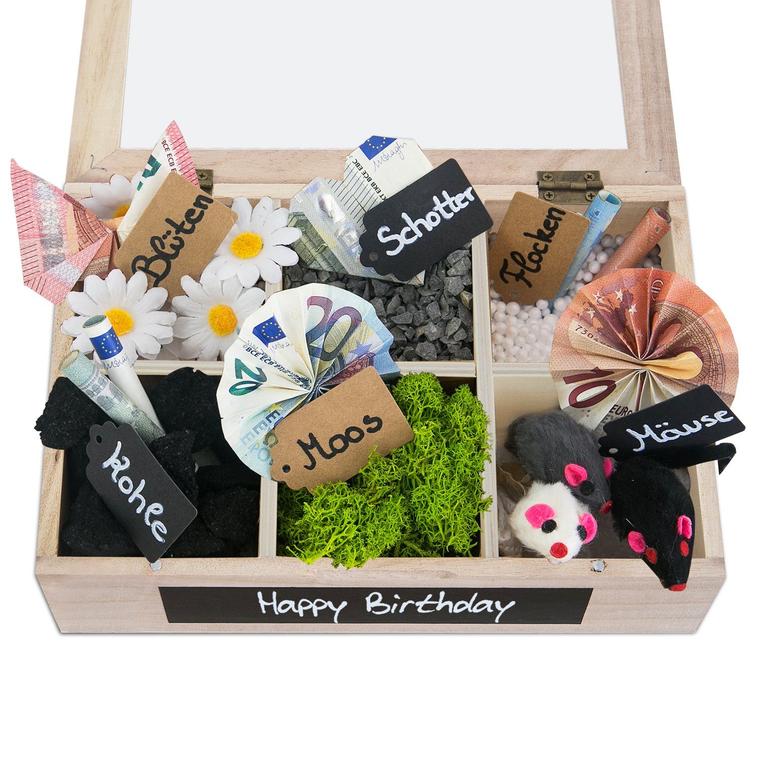 SURPRISA Geschenkbox Schotter Schatulle - kreative Verpackung für Geldgeschenke, Geschenkbox mit 6 Fächern zum Geburtstag, Abitur oder zur Hochzeit