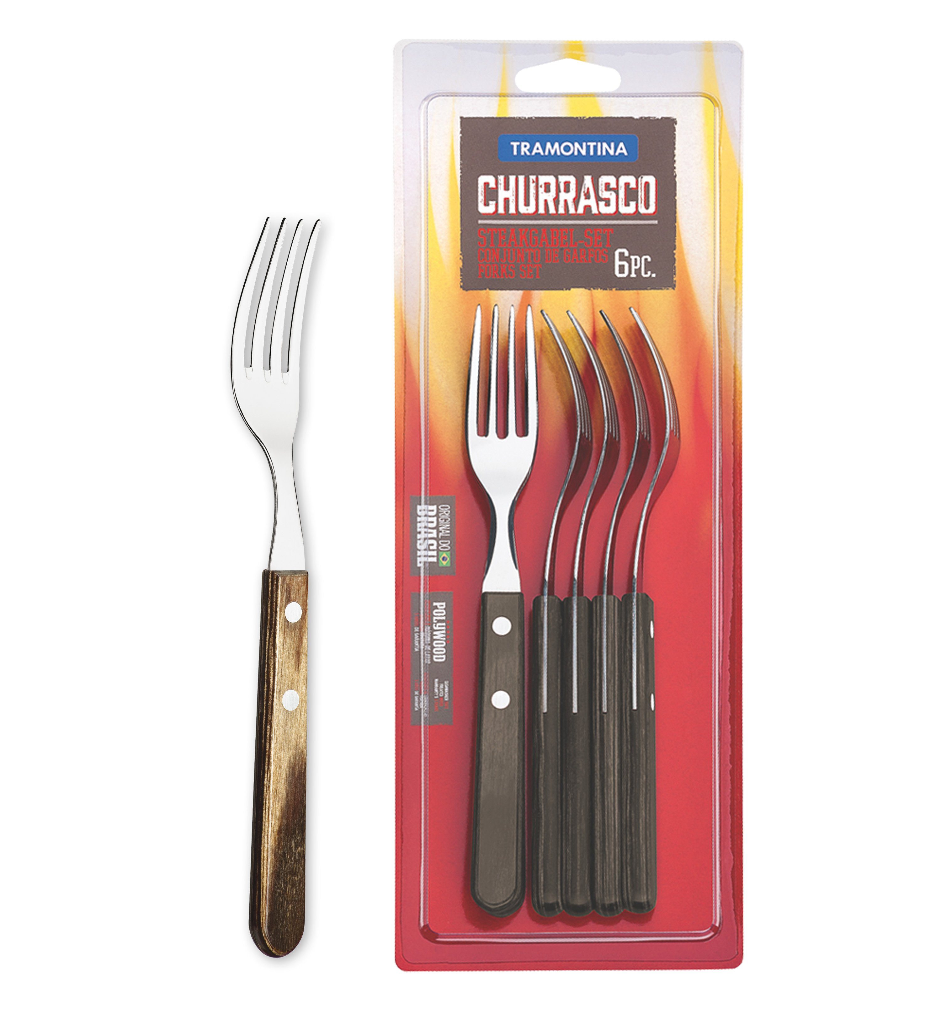 Tramontina Tafelgabel Steakgabel GAUCHO 6er Set – mit Holzgriff (6 Stück), rostfreier Edelstahl, spülmaschinenfest, Holzgriffe FSC-zertifiziert