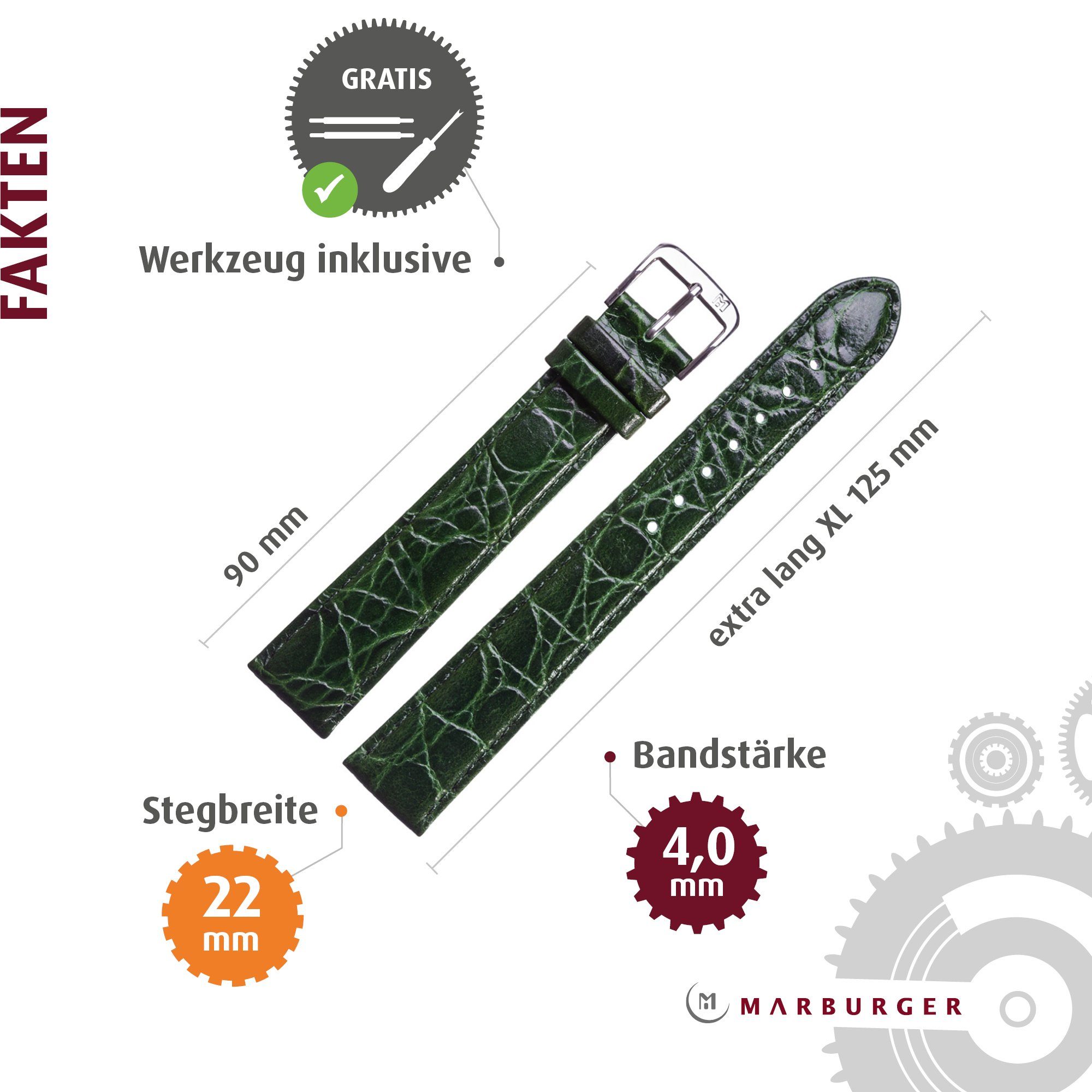 MARBURGER Uhrenarmband 22mm Leder XL Extra Lang Kroko Prägung