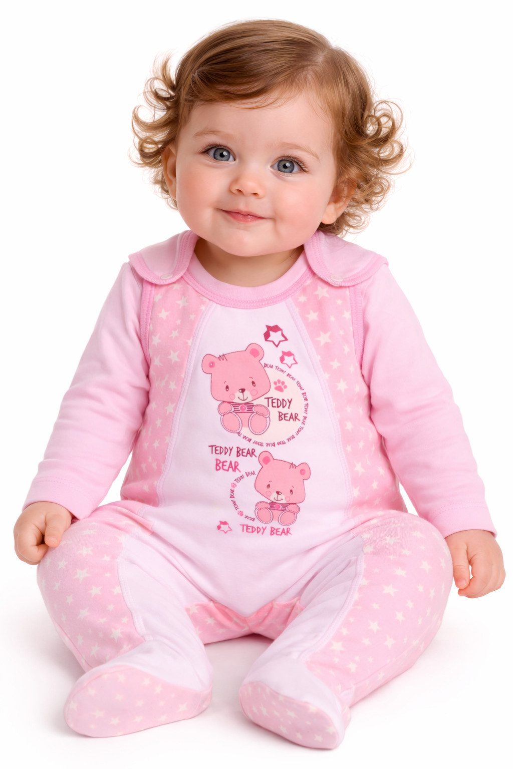 La Bortini Strampler Stramplerhose und Langarmshirt in weiß Rosa mit Bären Baby Set aus reiner Baumwolle, 44 50 56 62 68 74